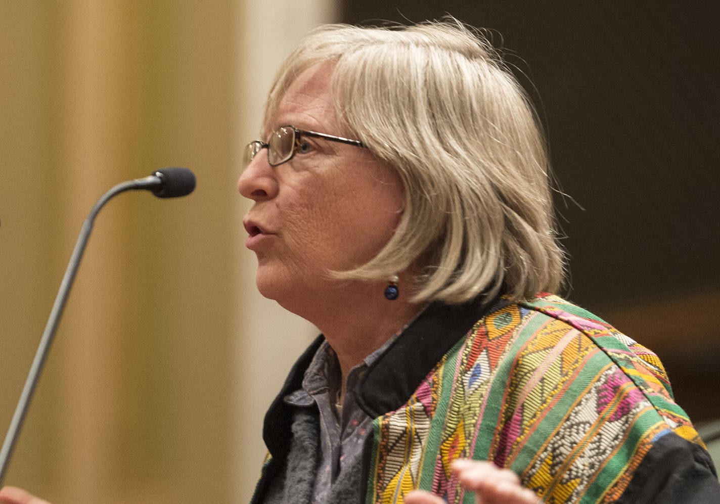 South Minneapolis resident Jan Nye, with Communities United Against Police Brutality, spoke out in support of 4th Precinct protestors during a window for public comment in Wednesday's Minneapolis City Council Public Safety Meeting. ] (AARON LAVINSKY/STAR TRIBUNE) aaron.lavinsky@startribune.com The Minneapolis City Council held a public safety meeting on Wednesday, Dec. 2, 2015 at Minneapolis City Hall. The public was able to address the council on issues pertaining to the ongoing protest outside