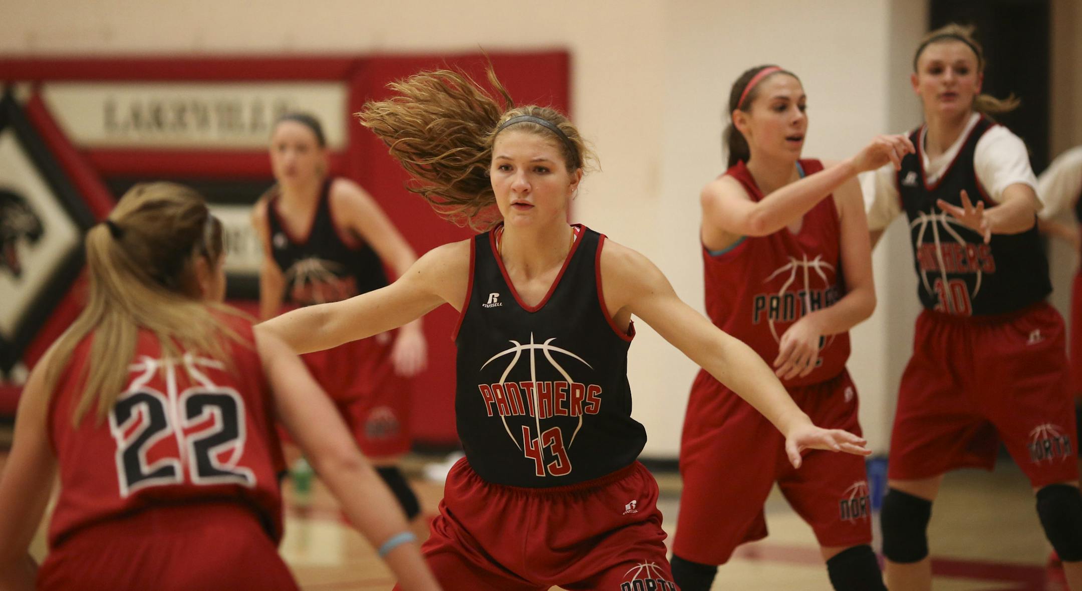 MacKenzie Denk (43) during practice Monday afternoon at Lakeville North High School. ] JEFF WHEELER ‚Ä¢ jeff.wheeler@startribune.com The Lakeville North girl's basketball team practiced Monday afternoon, December 22, 2014 at the high school.