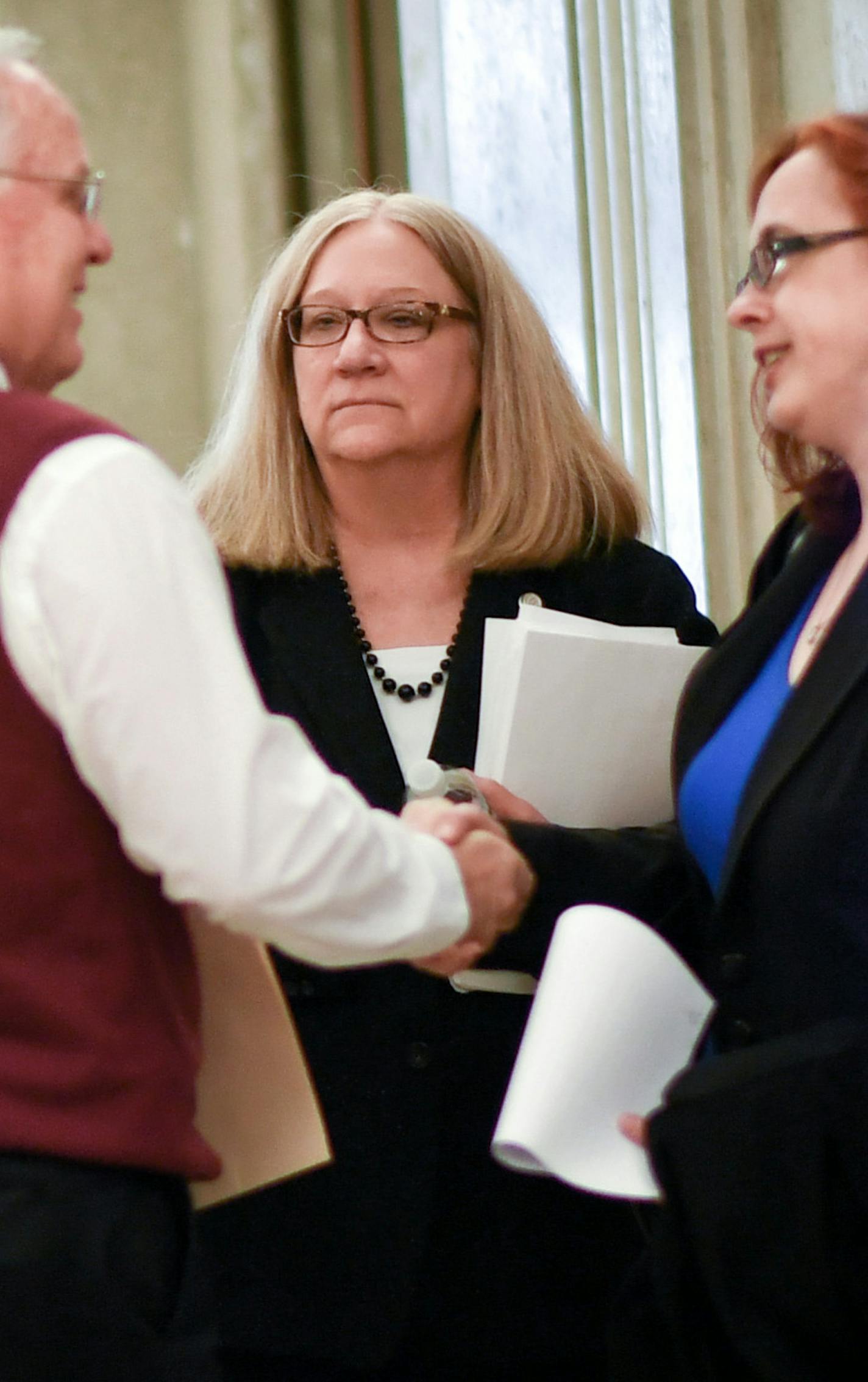 Sponsors of the bill Rep. Marion O'Neill, R-Maple Lake, Rep. Nick Zerwas, R-Elk River and Sen. Dan Hall, R-Burnsville talked with NAMI director Sue Abderholden and Sharon Rolenc whose son spent 341 days in solitary confinement. ] GLEN STUBBE &#xef; glen.stubbe@startribune.com Wednesday February 8, 2017 Minnesota National Alliance on Mental Illness to show support for a bill in the legislature that would reform and limit the use of solitary confinement in Minnesota prisons.