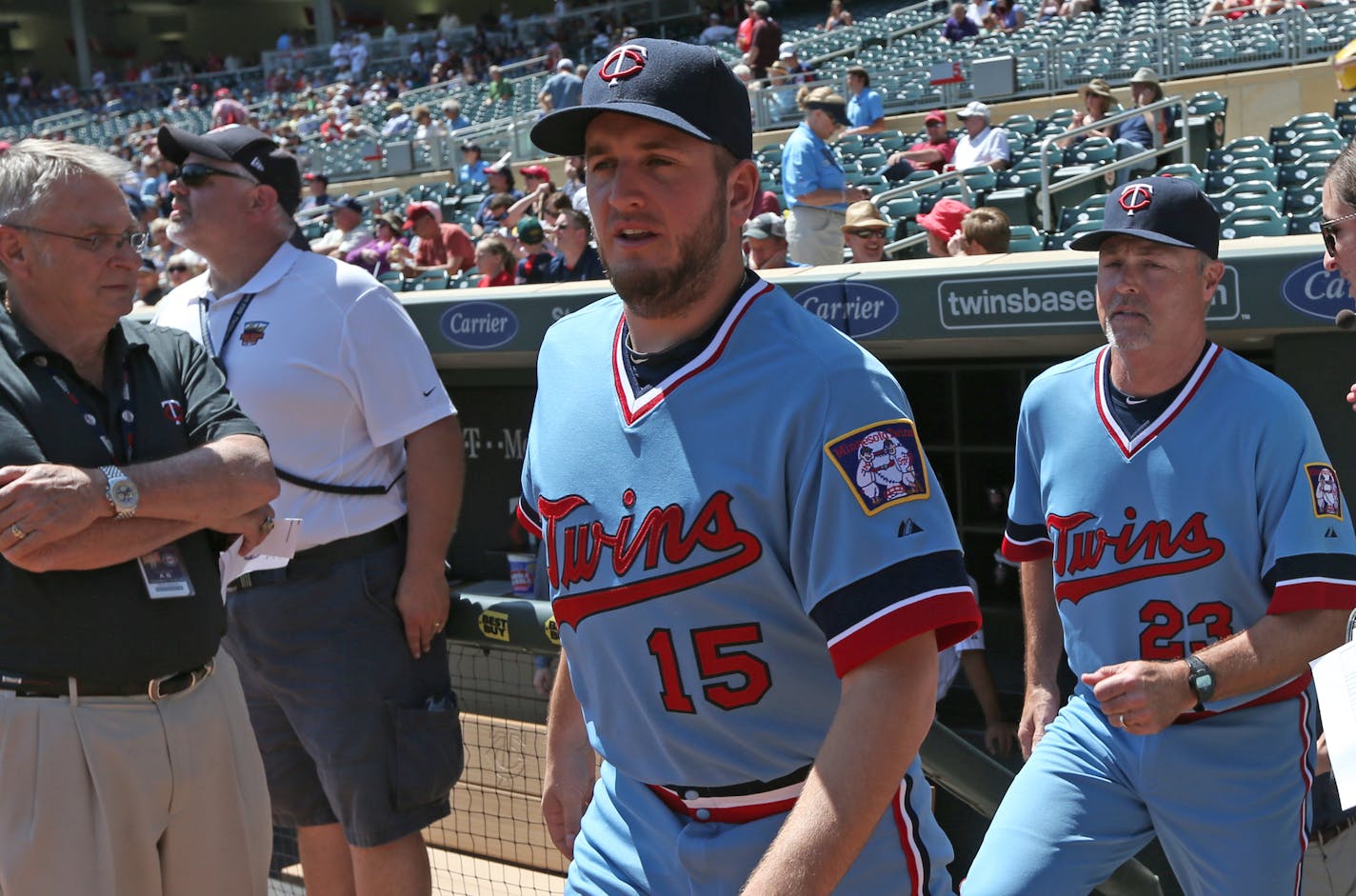 (left to right) Minnesota Twins Glen Perkins and Tom Brunansky wore the Twins throw-back uniforms before the start of the game against the Rangers.] Twins vs. Rangers, 5/29/14. Bruce Bisping/Star Tribune bbisping@startribune.com Glen Perkins, Tom Brunansky/roster