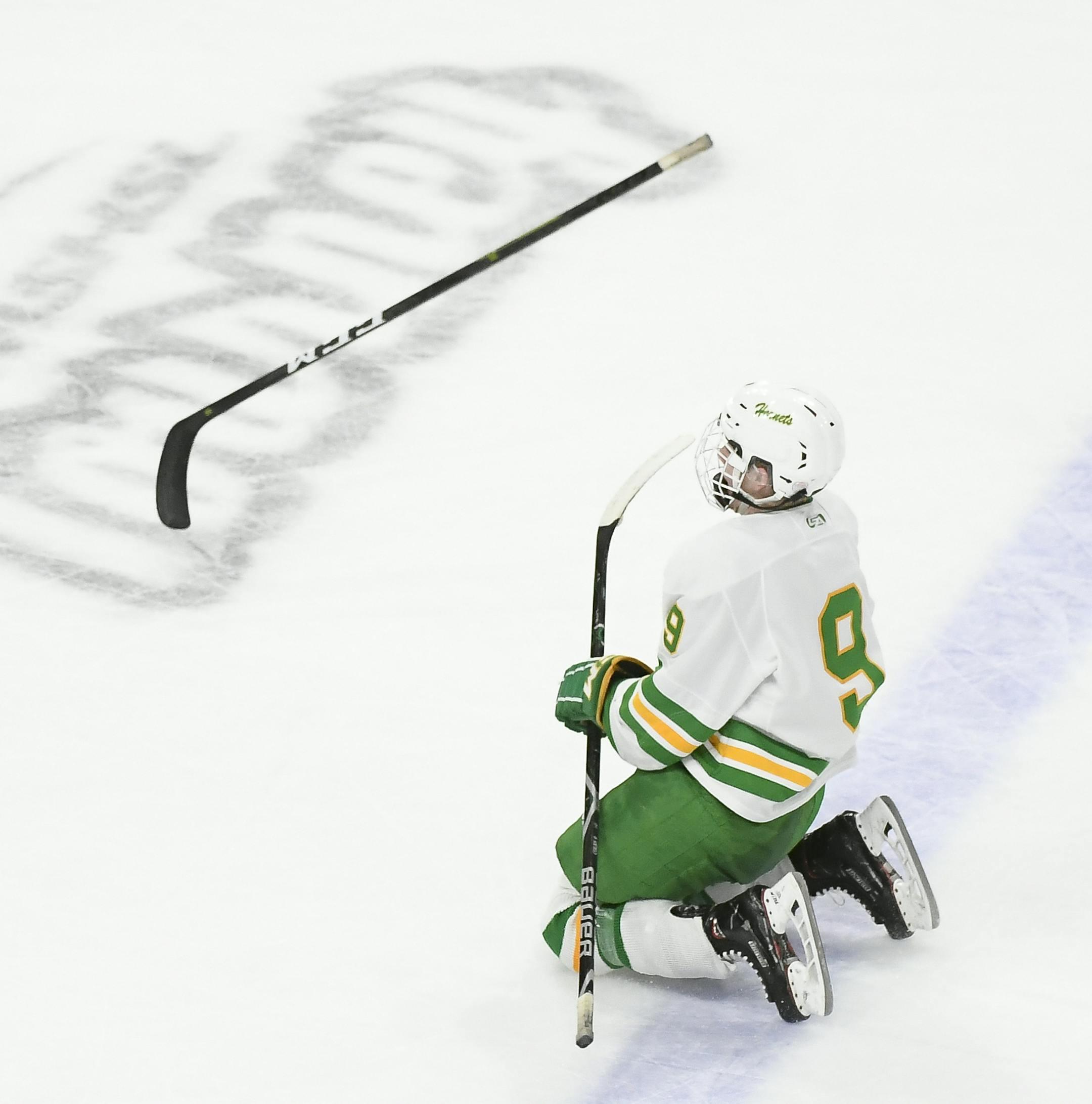 Edina forward Peter Colby (9) scored the game-winner in overtime against Eden Prairie goaltender Axel Rosenlund (30). ] Aaron Lavinsky ¥ aaron.lavinsky@startribune.com Edina played Eden Prairie in the boys' hockey state tournament Class 2A championship game on Saturday, March 9, 2019 at the Xcel Energy Center in St. Paul, Minn.