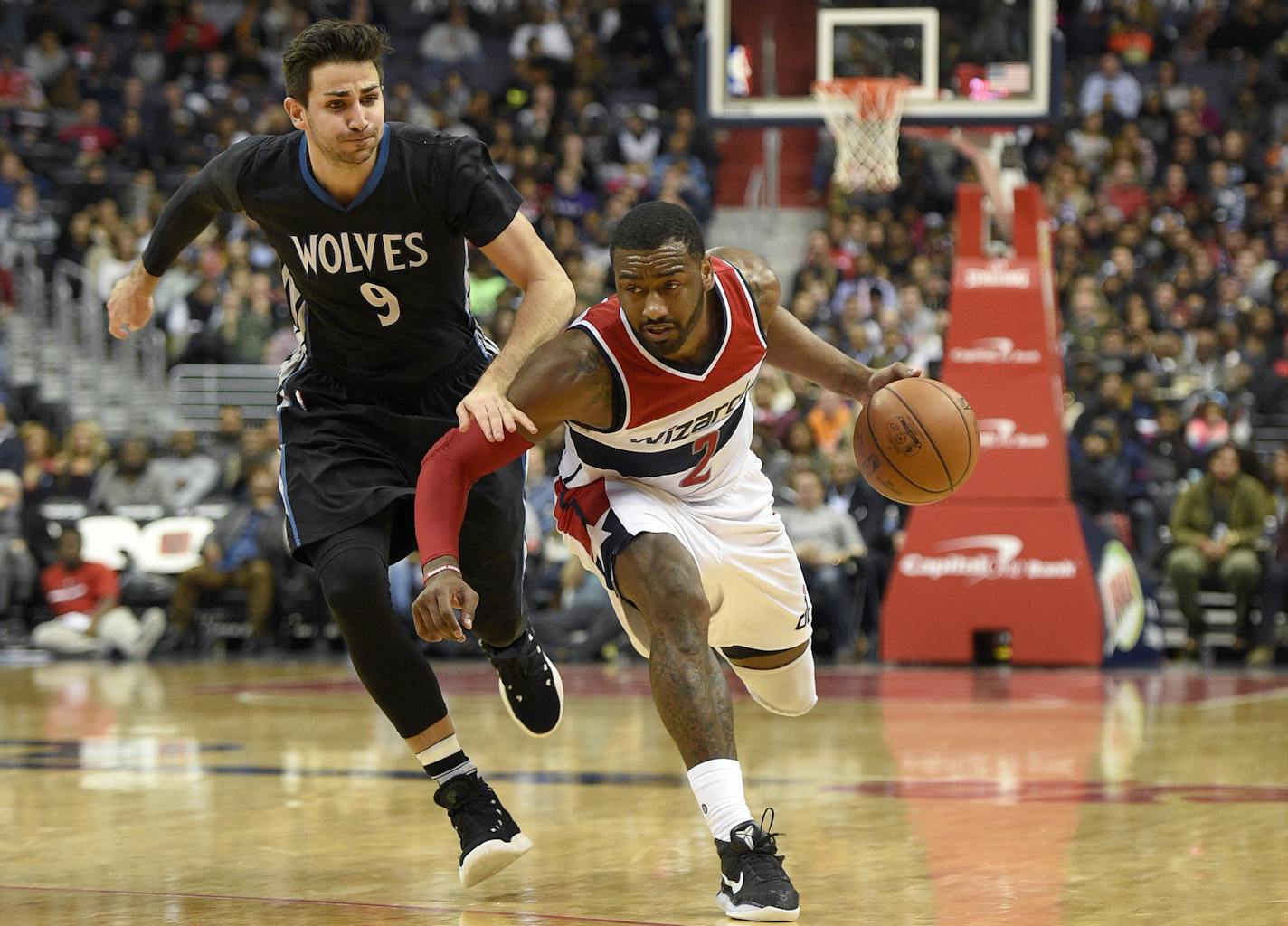 Wizards guard John Wall dribbled against Timberwolves guard Ricky Rubio during a January 2017 game.