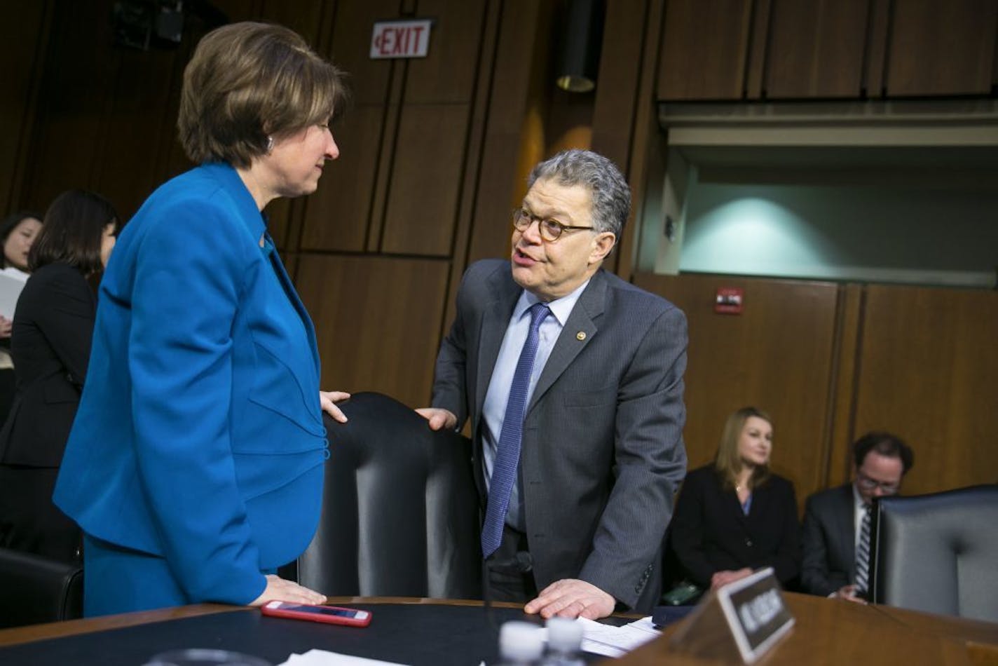 Sen. Amy Klobuchar (D-Minn.) and Sen. Al Franken (D-Minn.) confer on a break during the second day of Supreme Court nominee Neil Gorsuch's confirmation hearing before the Senate Judiciary Committee on Capitol Hill, in Washington, March 21, 2017.