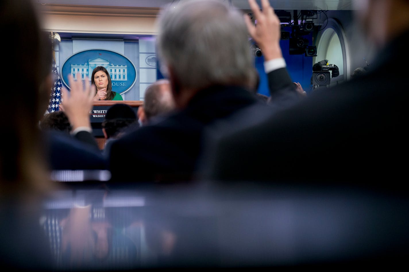 White House press secretary Sarah Huckabee Sanders called on a member of the media during the daily press briefing at the White House on Wednesday.