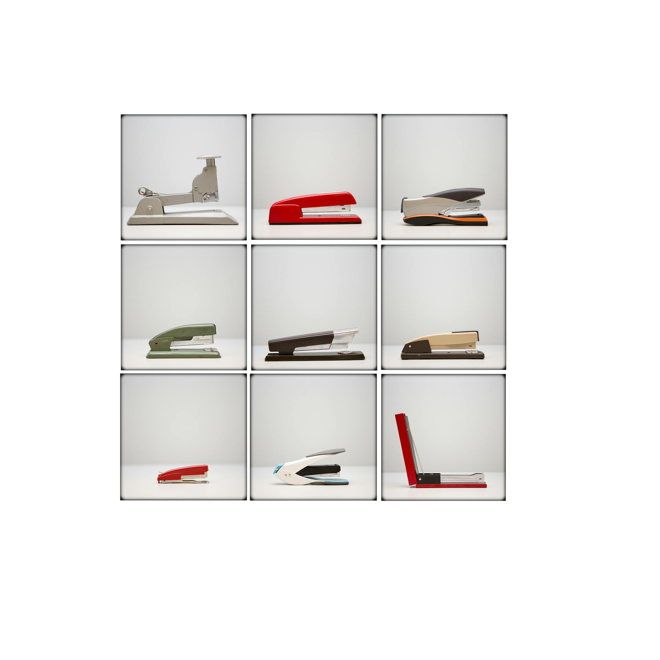 A five image-combo of a timeline of Swingline staplers, from left: Model 13, the Rio Red (which the company calls the "star of any office space"), the Optima 40, the Swingline 99 and the Vintage Swingline 333, in a setup studio shot in Lincolnshire, Ill., Feb. 13, 2013. Time is a big threat to the stapler industry, and to office products in general, but with some creativity, the stapler maker, Swingline, which is owned by Acco Brands and has long been the market leader, still has hope. (Daniel B