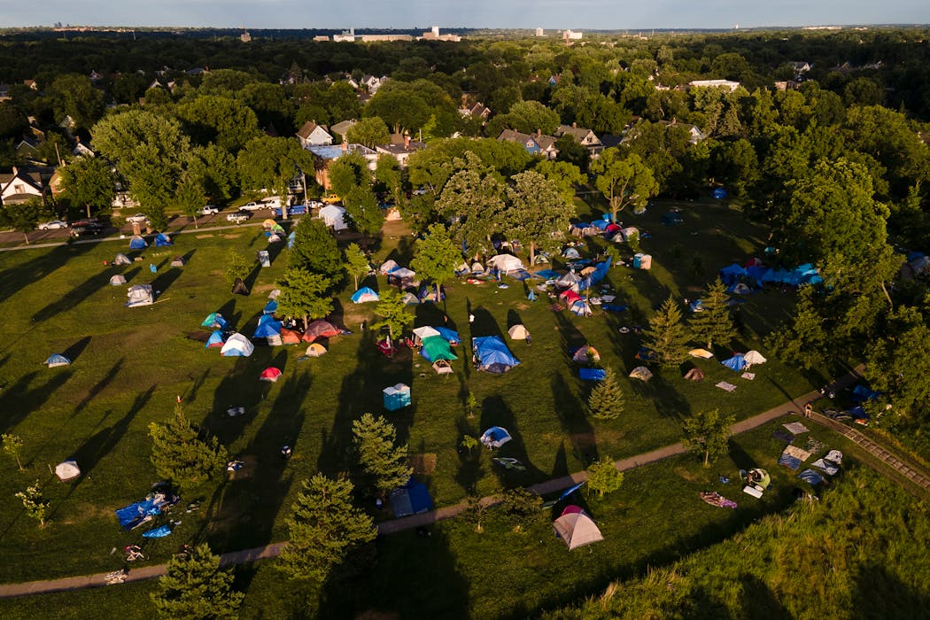 A homeless encampment in Minneapolis' Powderhorn Park in July 2020.