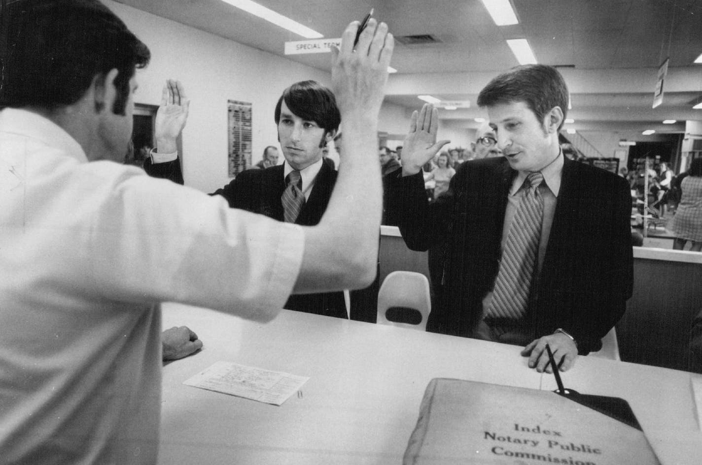 February 22, 1987 Mike McConnell, left, and Jack Baker applied for a marriage license Hennepin County in 1970, but it was denied. May 19, 1970 Two men applied for a marriage license Monday in Minneapolis, saying they plan to wed Dec. 31. Robert Anderson (left), senior deputy clerk of Hennepin County District Court, administered oaths to Jim McConnell, center, 28, a librarian from Kansas City, Mo., an Jack Baker, also 28, a law student at the University of Minnesota. Baker said Minnesota law does