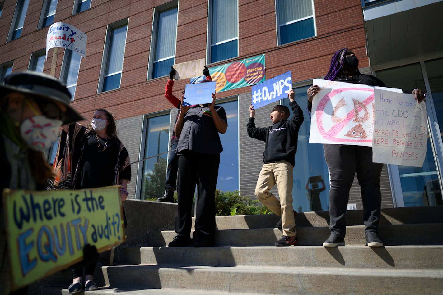 Protesters demonstrated against the plan outside the Minneapolis Public School headquarters in Minneapolis on May 8.