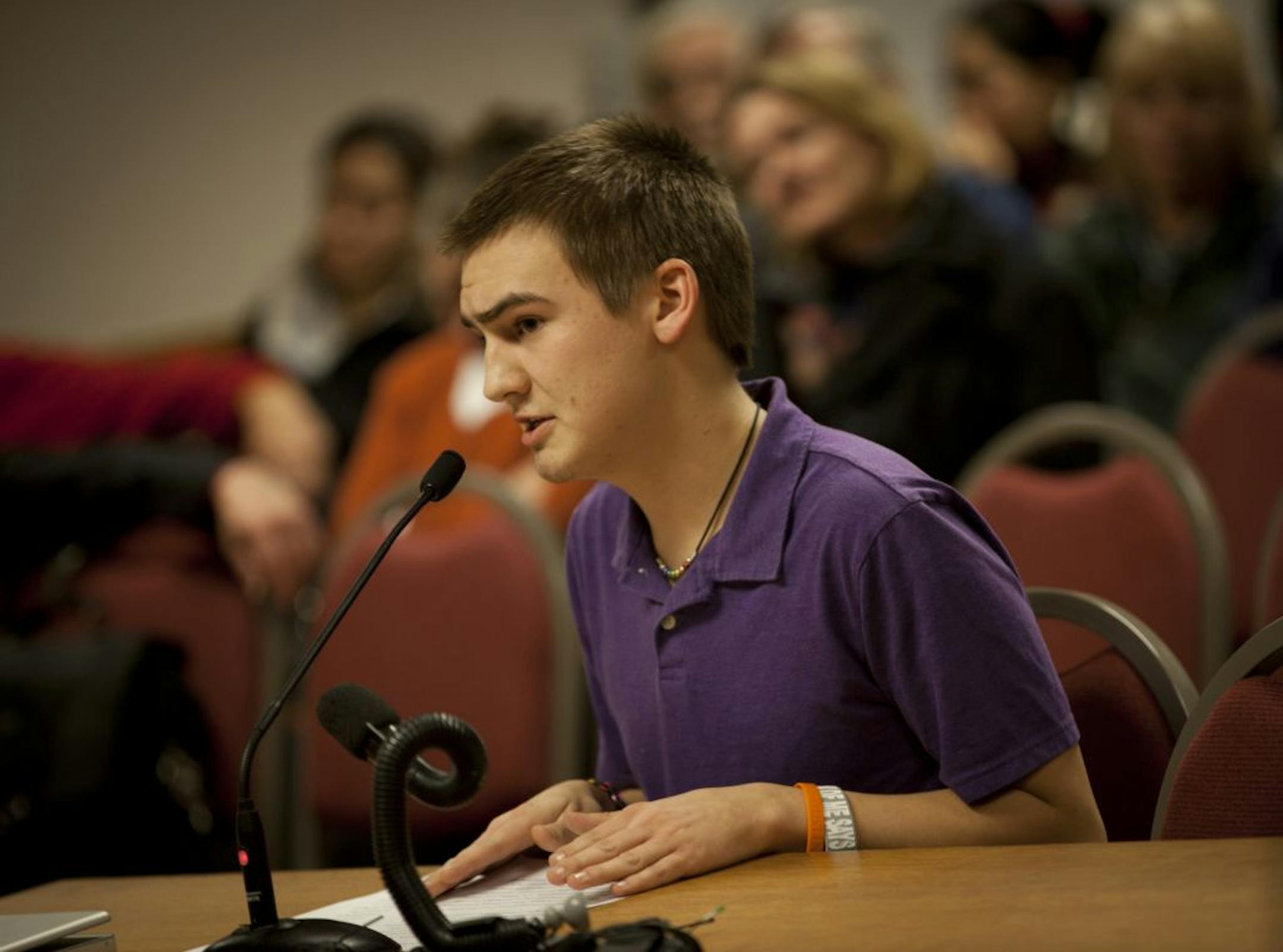 Justin Anderson, a 2010 Blaine High School graduate, spoke at Monday night's Anoka-Hennepin school board hearing on replacing the district's policy that limits in-school discussions of sexual orientation