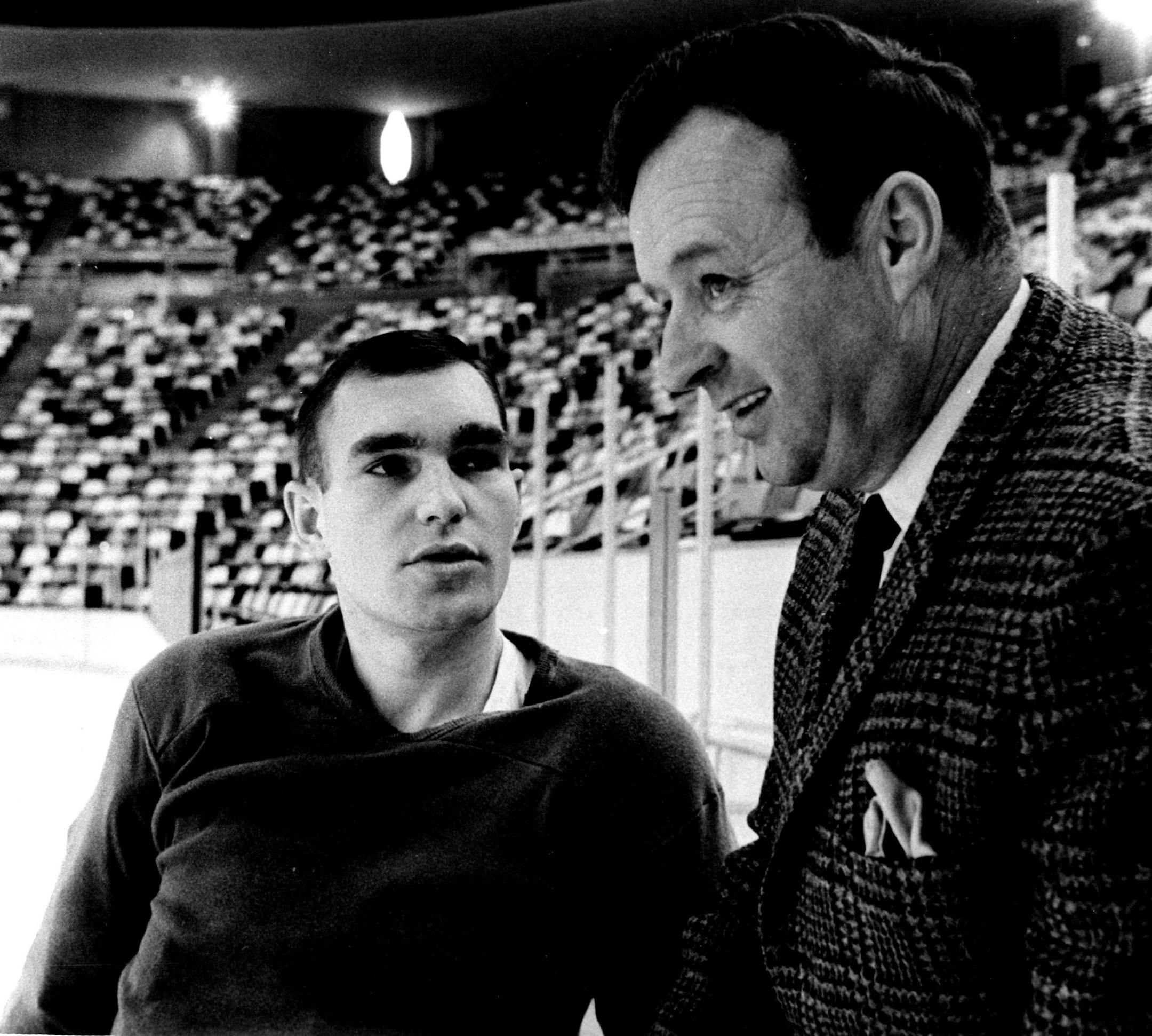 December 18, 1967 General Manager and coach Wren Blair talks things over with Boudrias at practice. Strict with his players and a referee baiter, Blair nevertheless likes to relax by singing. January 7, 1968 Mike Zerby, Minneapolis Star Tribune; Picture Magazine; Minneapolis Sunday Tribune
