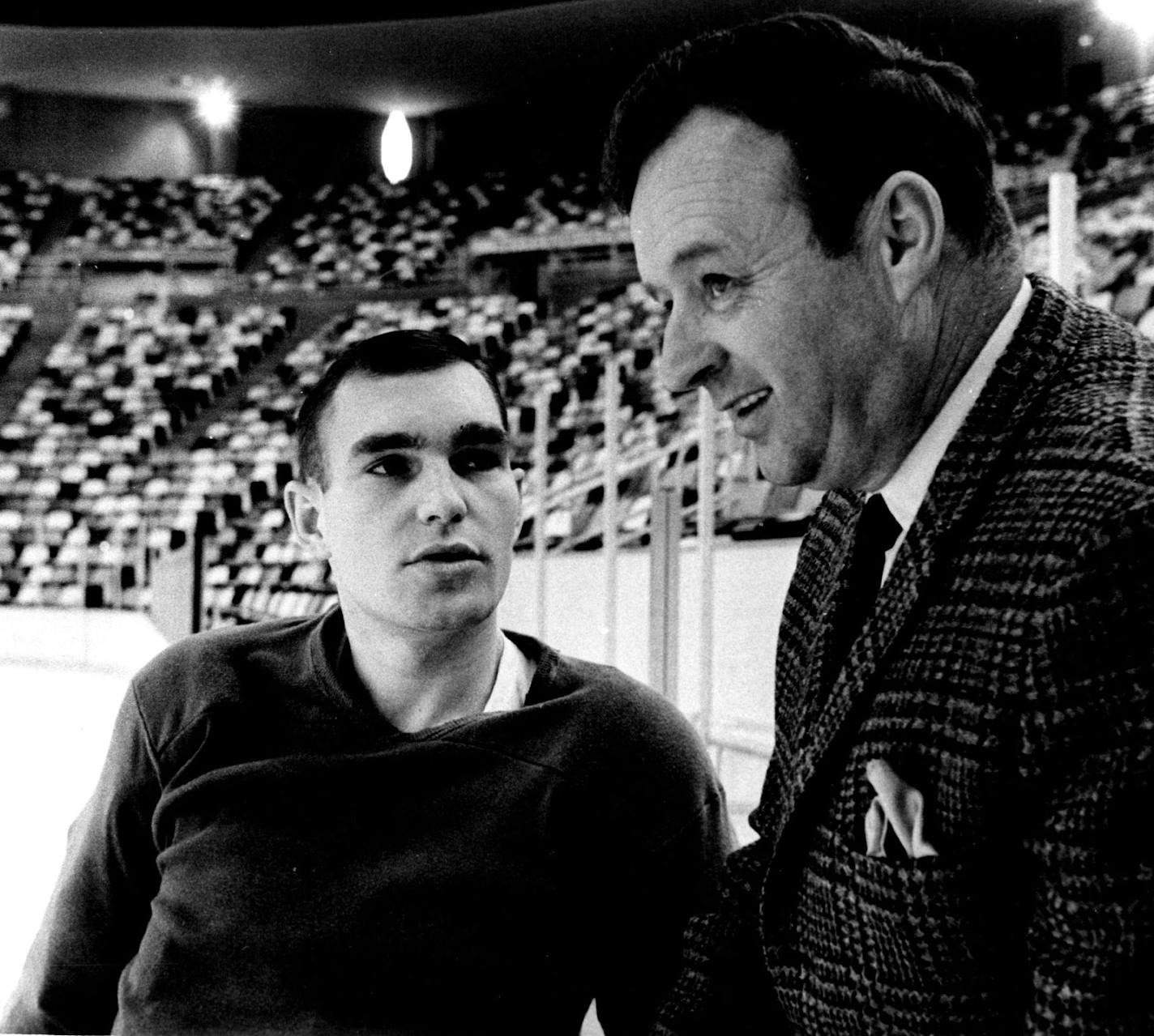 December 18, 1967 General Manager and coach Wren Blair talks things over with Boudrias at practice. Strict with his players and a referee baiter, Blair nevertheless likes to relax by singing. January 7, 1968 Mike Zerby, Minneapolis Star Tribune; Picture Magazine; Minneapolis Sunday Tribune