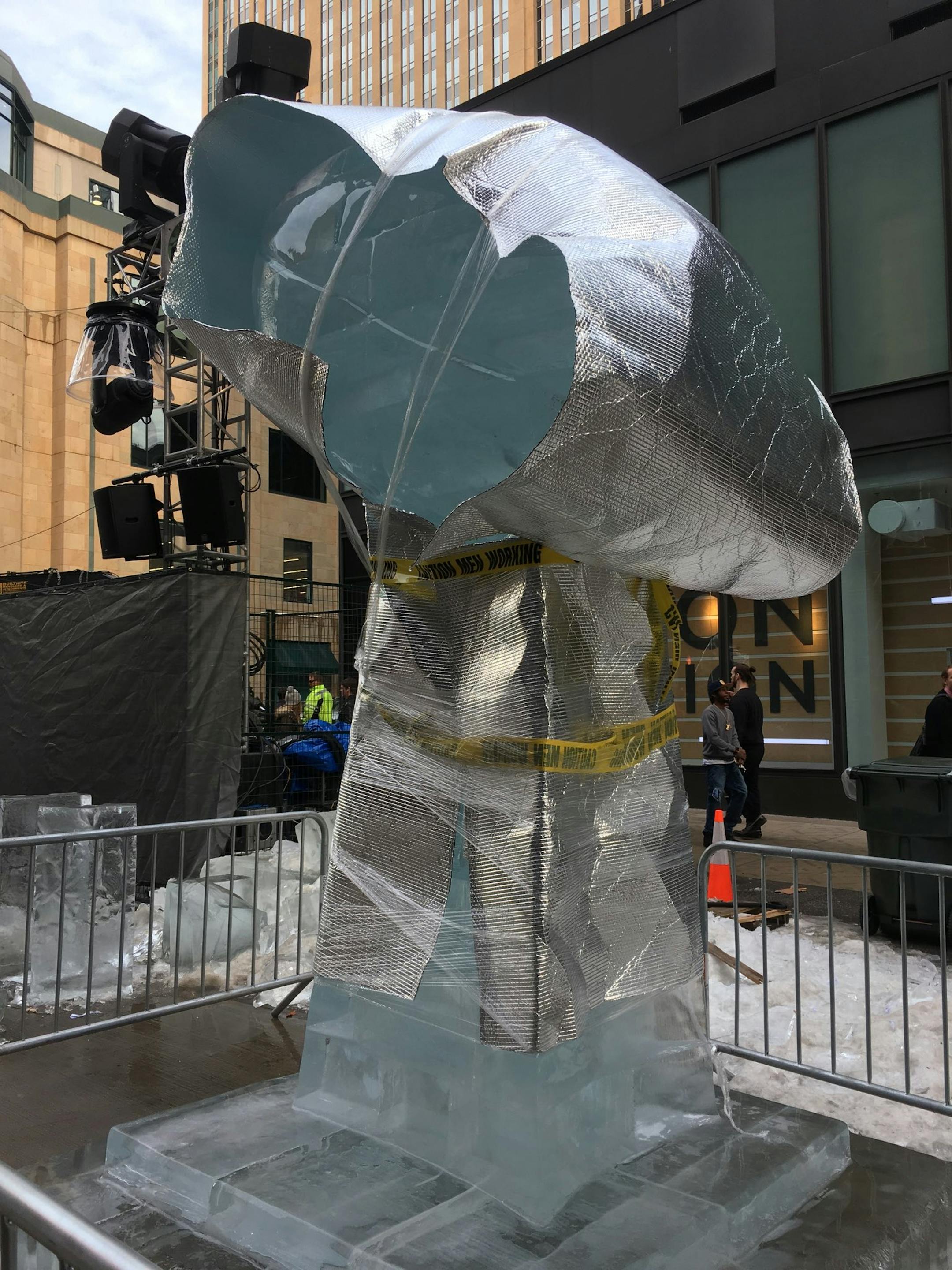 An ice sculpture was wrapped in insulation to protect against warm temperatures Friday on Nicollet Mall in Minneapolis.