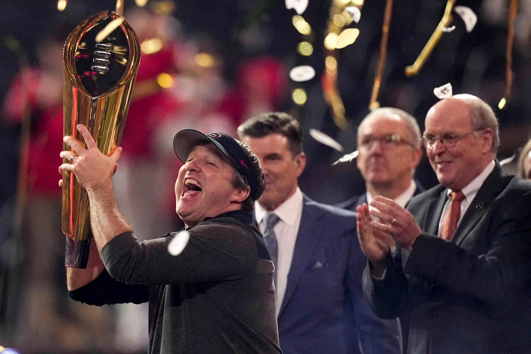 Georgia head coach Kirby Smart celebrates victory over TCU after the national championship NCAA College Football Playoff game, Monday, Jan. 9, 2023, in Inglewood, Calif. Georgia won 65-7. (AP Photo/Mark J. Terrill)