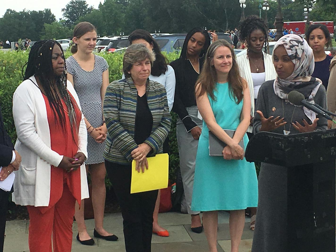 U.S. Rep. Ilhan Omar, D-Minn., speaks Wednesday at a U.S. Capitol press conference about her bill to ban school lunch shaming. At left is Valerie Castile, mother of slain school cafeteria worker Philando Castile.