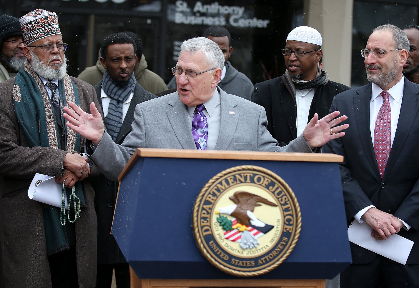 St. Anthony Village Mayor Jerry Faust addressed the media after the United State Attorney for the District of Minnesota Andrew Luger announced the settlement agreement agreement resolving allegations that the city violated the Religious Land Use and Institutionalized Persons Act of 2000, Tuesday, December 16, 2014 in St. Anthony Village, MN. ] (ELIZABETH FLORES/STAR TRIBUNE) ELIZABETH FLORES &#x2022; eflores@startribune.com