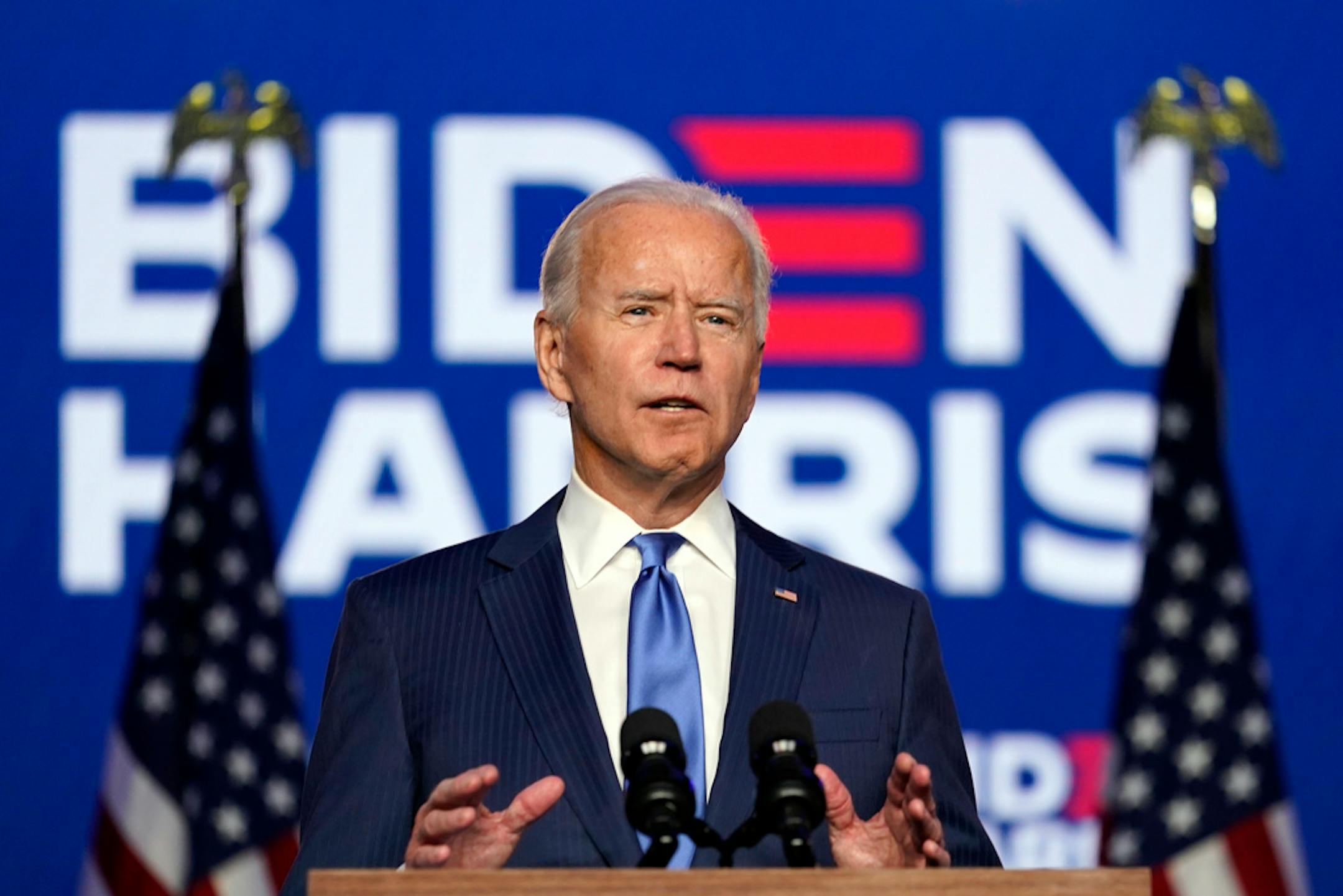 Democratic presidential candidate former Vice President Joe Biden speaks Friday, Nov. 6, 2020, in Wilmington, Del. (AP Photo/Carolyn Kaster)
