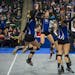 Martin County West celebrates after taking the second set against Ada-Borup during the Class 1A girls' volleyball state quarterfinals, Thursday, Novem
