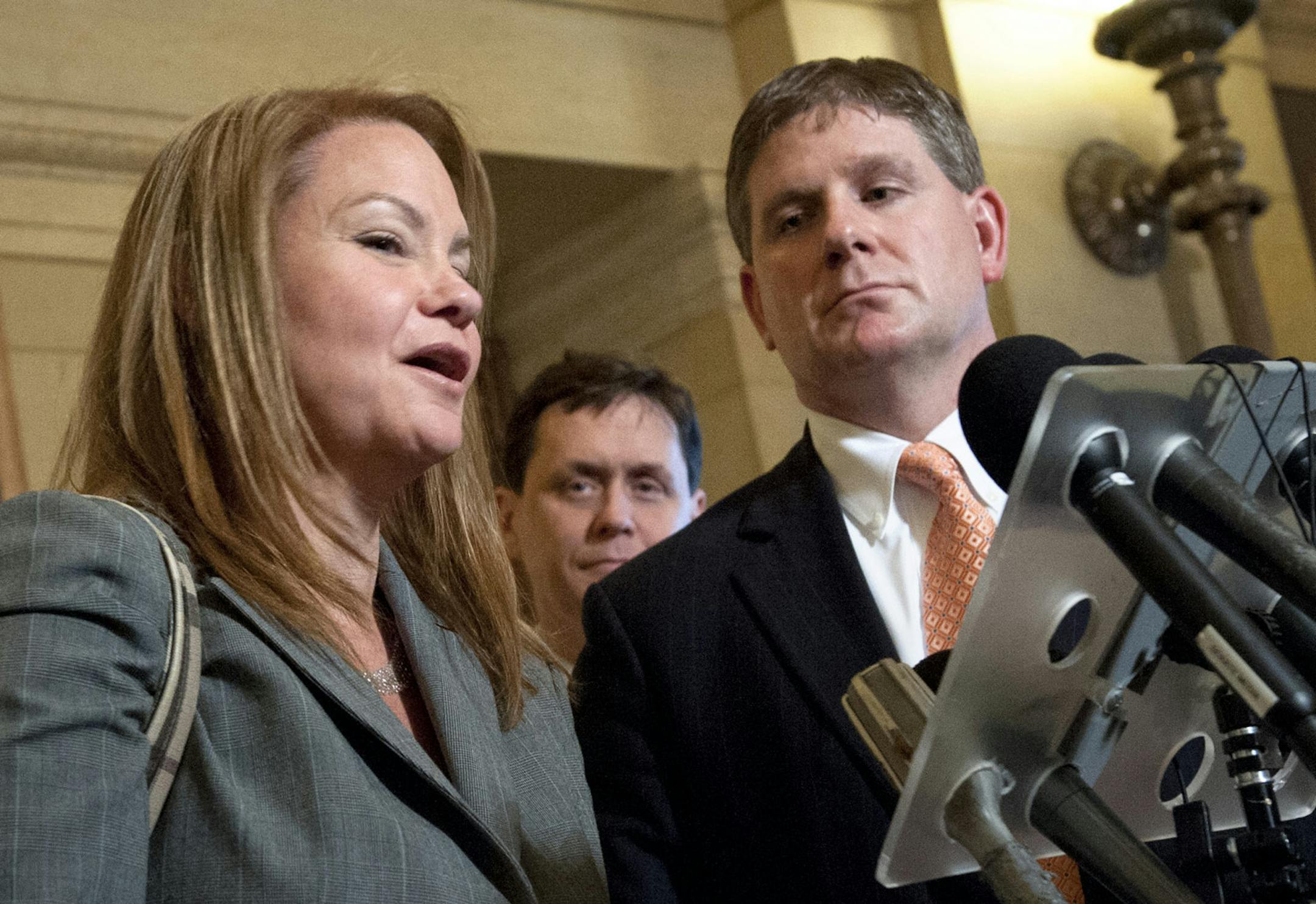 In the gubernatorial race, Kurt Zellers, right, is touting his farm background. In the U.S. Senate race, Julianne Ortman is pitching her suburban-soccer-mom status. (They are shown here at a legislative news conference in 2012.)