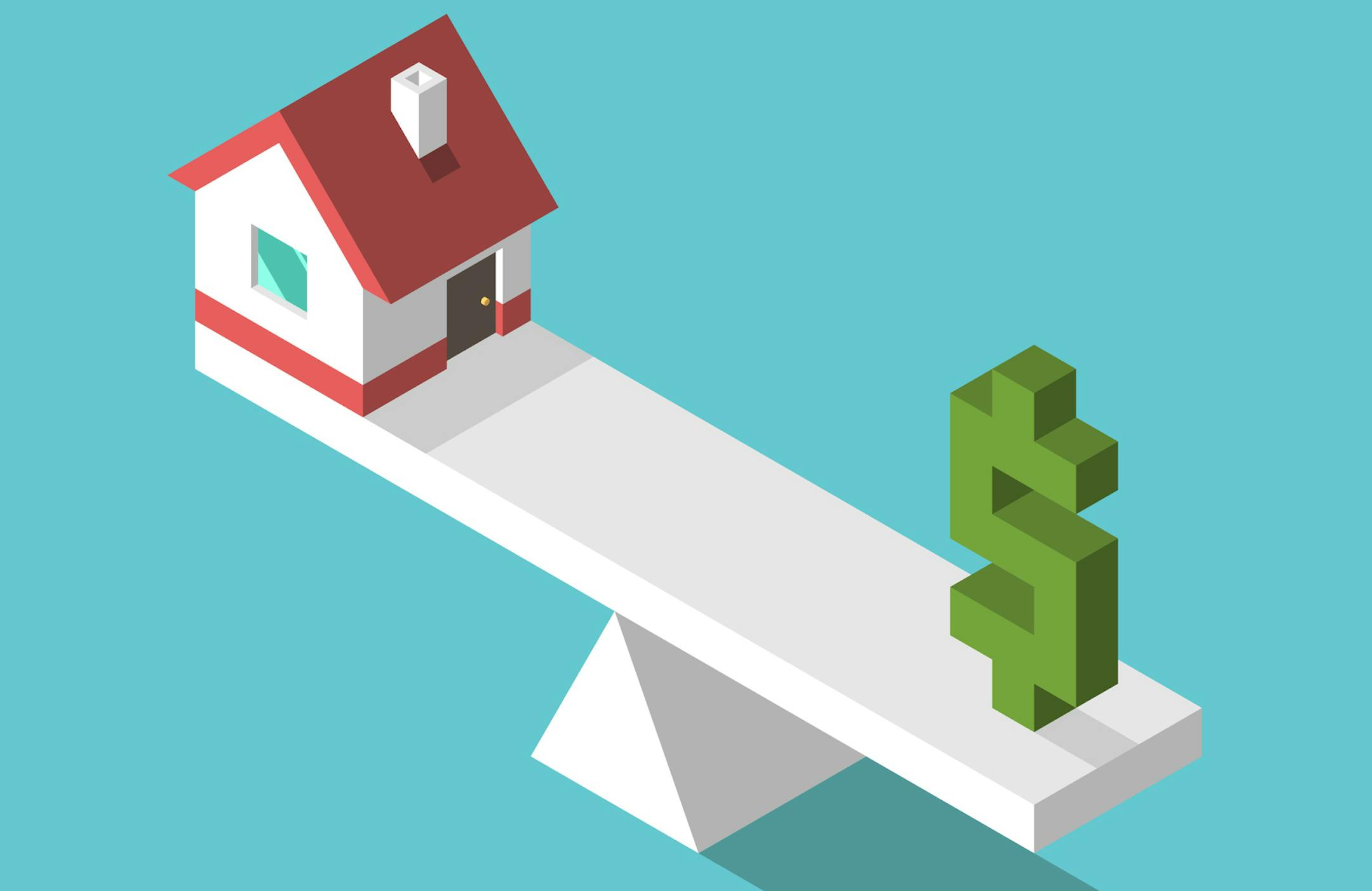 iStock
Isometric small house and green dollar sign on weight scales. Balance, price, real estate and home concept.