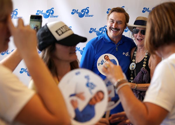 My Pillow founder Mike Lindell spent the morning posing for photos with fairgoers at his booth at the Minnesota State Fair. ] ANTHONY SOUFFLE &#xef; a