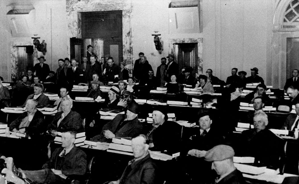 The People’s Lobby takes over the the Senate chamber at the Minnesota State Capitol in 1937.