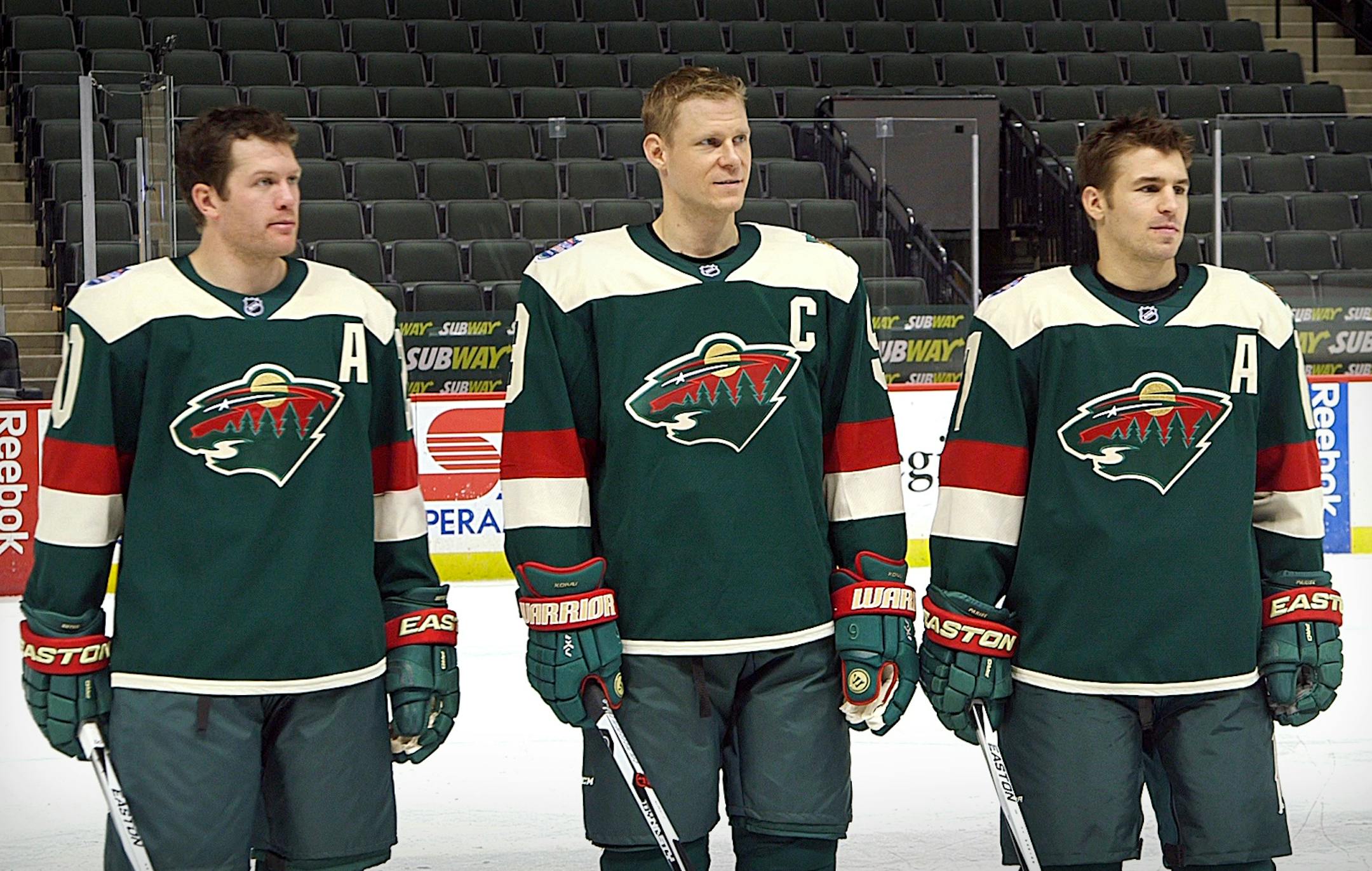 Wild reveals jerseys for Stadium Series game. Video and photo of the players modeling these uniforms, which will be worn in the outdoor game at TCF Bank Stadium on Sunday, Feb. 21. Wild captains Mikko Koivu, (Center ) Zach Parise (right) and Ryan Suter (left),