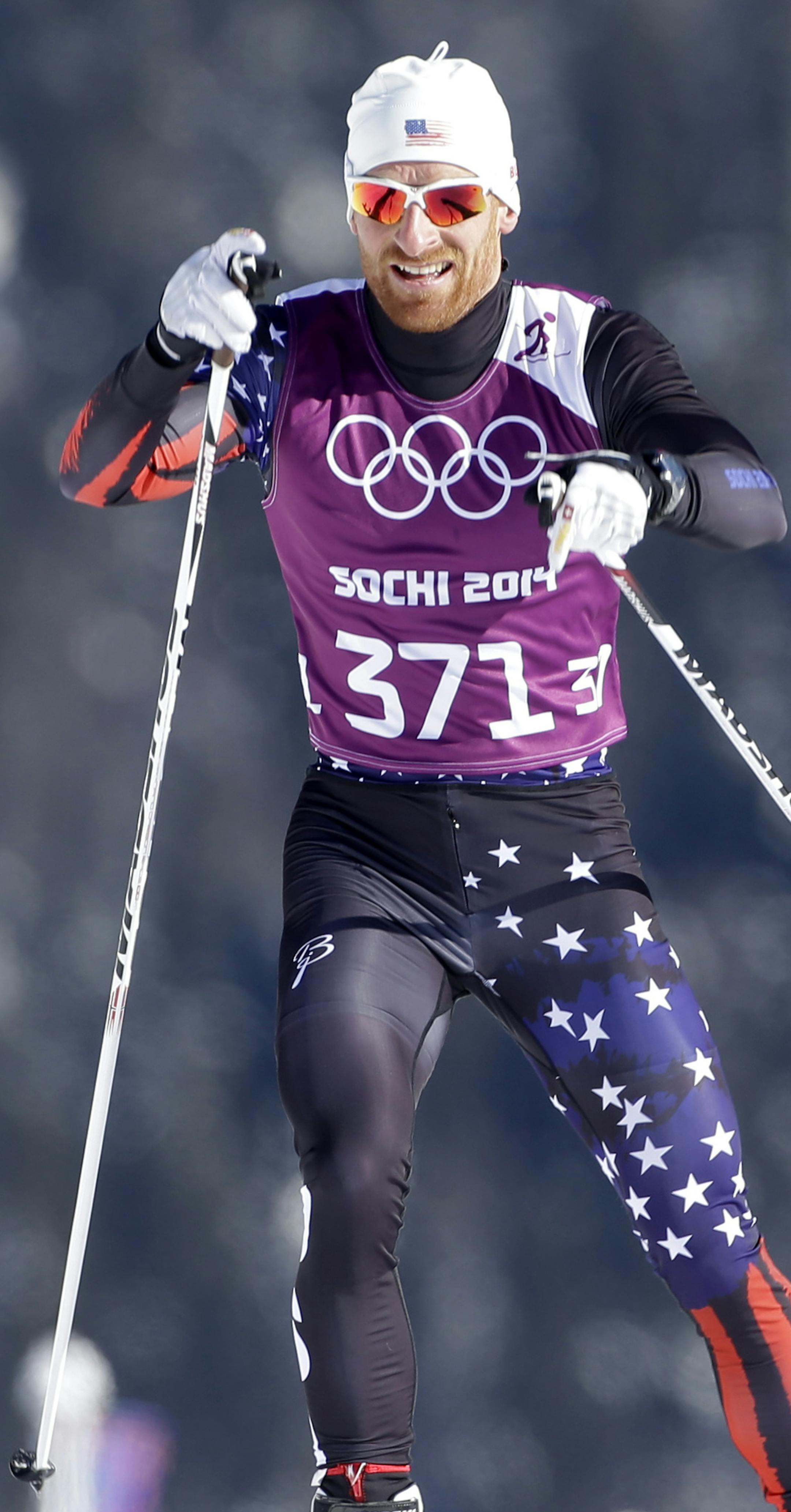 United States' Brian Gregg trains on the cross-country track prior to the 2014 Winter Olympics, Thursday, Feb. 6, 2014, in Krasnaya Polyana, Russia. (AP Photo/Gregorio Borgia)