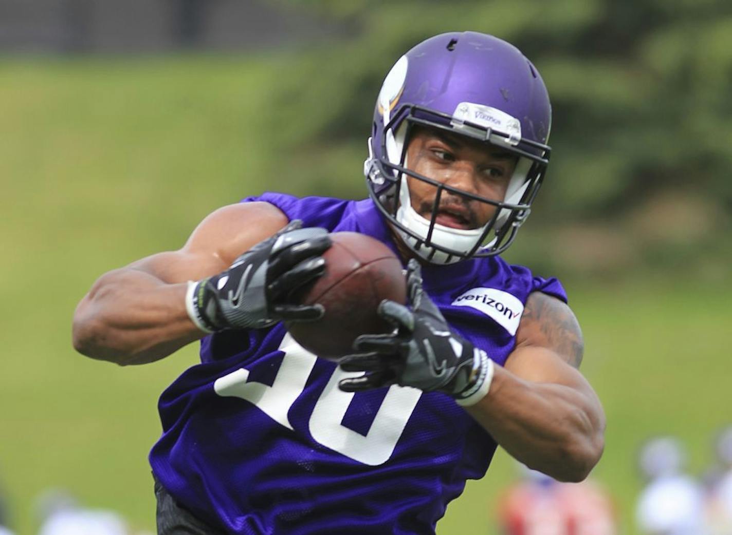 Minnesota Vikings linebacker Eric Wilson runs during NFL football practice Tuesday, June 13, 2017, in Eden Prairie, Minn.