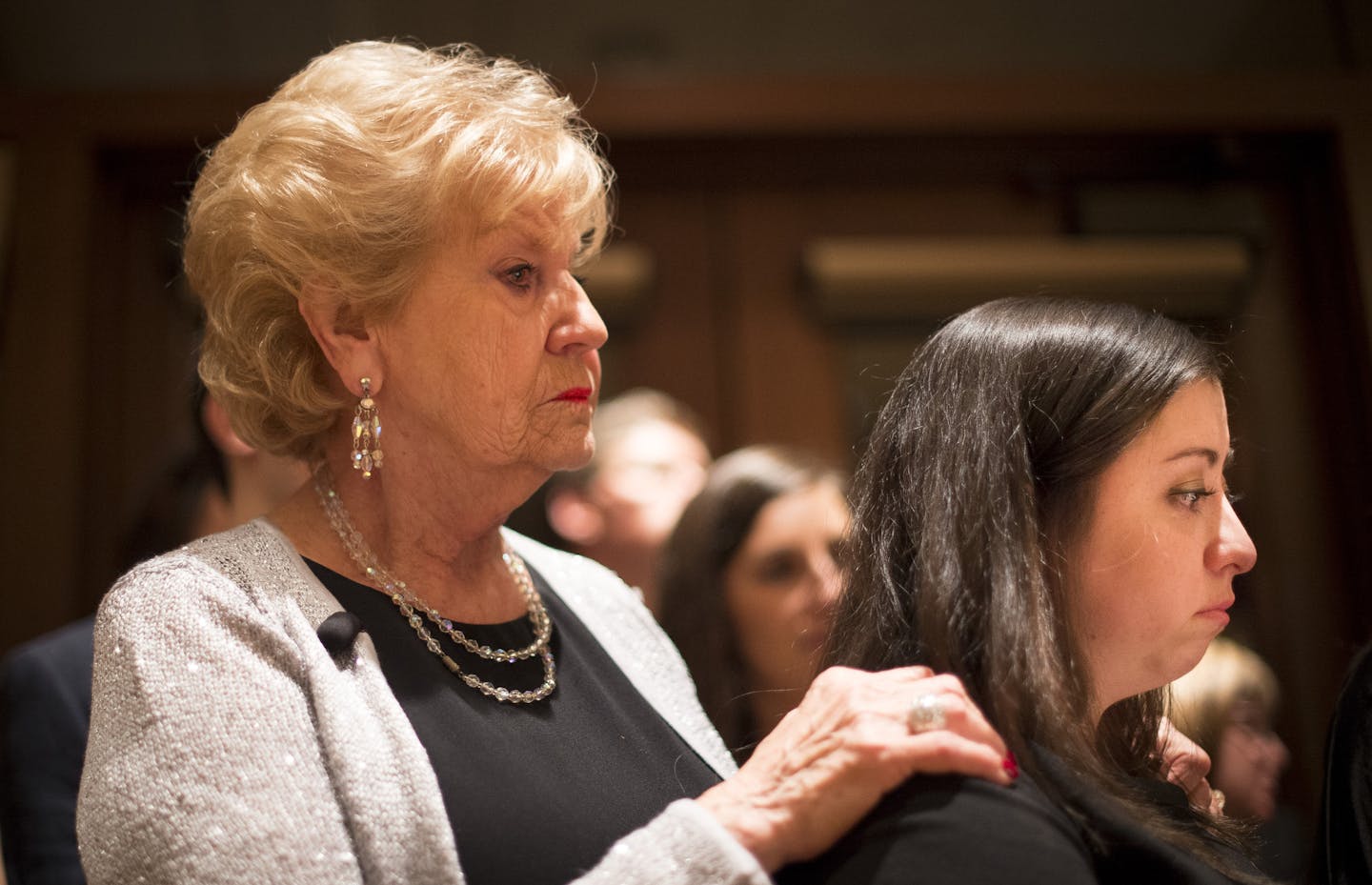 Reva Kibort comforts her granddaughter, Becca Gillett, during a ceremony memorializing the six million Jews who perished in the Holocaust, including members of the Mandelbaum family, on Saturday night.. ] (Aaron Lavinsky | StarTribune) Seventy years ago, five survivors of Polish concentration camps for Jews were freed. The siblings eventually moved to Minnesota, and three of them are still here and alive today. Last weekend, their families -- now 133 descendants -- honored them on this remarkabl