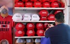 MAGA presidential hats and T-shirts for sale at the Republican GOP booth at the Minnesota State Fair.