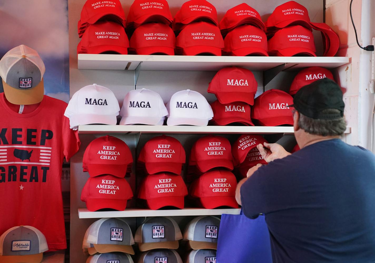 MAGA presidential hats and T-shirts for sale at the Republican GOP booth at the Minnesota State Fair.