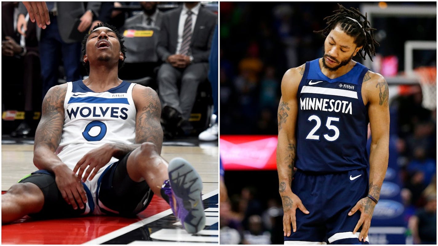 Point guards Jeff Teague, left, and Derrick Rose could both miss Sunday's game in Oklahoma City vs. the Thunder.