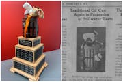 The new Old Oil Can Trophy and a look at the old one from the Feb. 1, 1932, edition of the Stillwater Arrow.