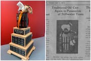 The new Old Oil Can Trophy and a look at the old one from the Feb. 1, 1932, edition of the Stillwater Arrow.