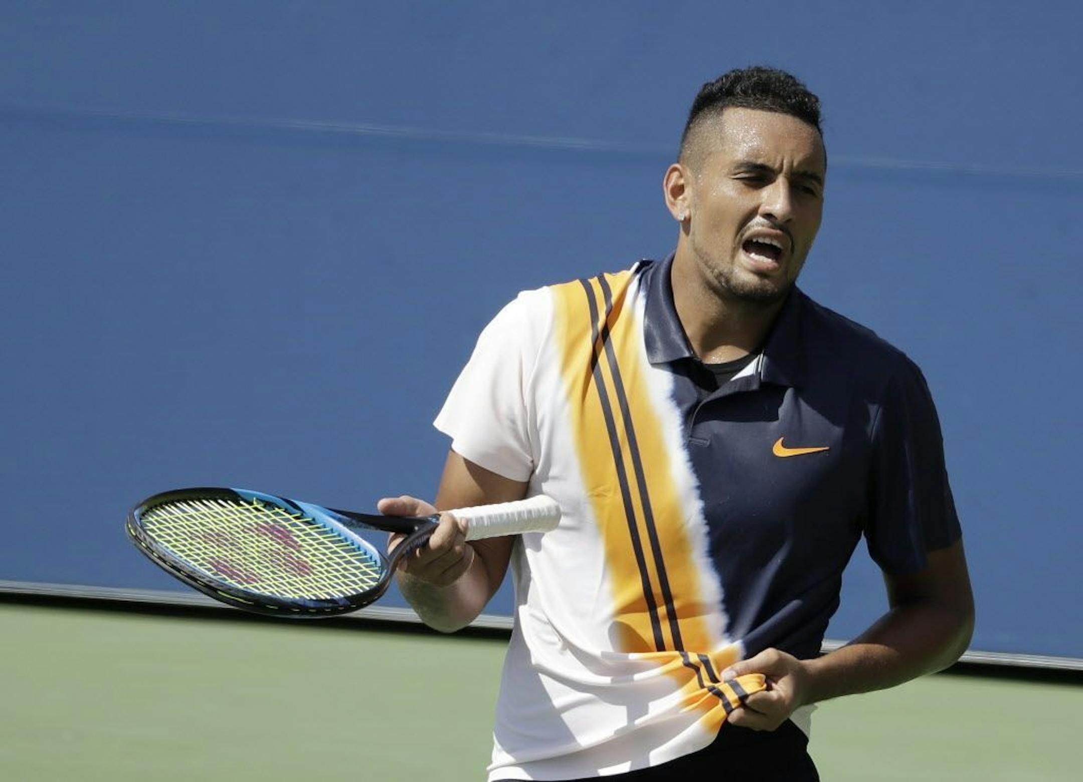 Nick Kyrgios, of Australia, talks to himself during a match against Pierre-Hugues Herbert, of France, during the second round of the U.S. Open tennis tournament, Thursday, Aug. 30, 2018, in New York.