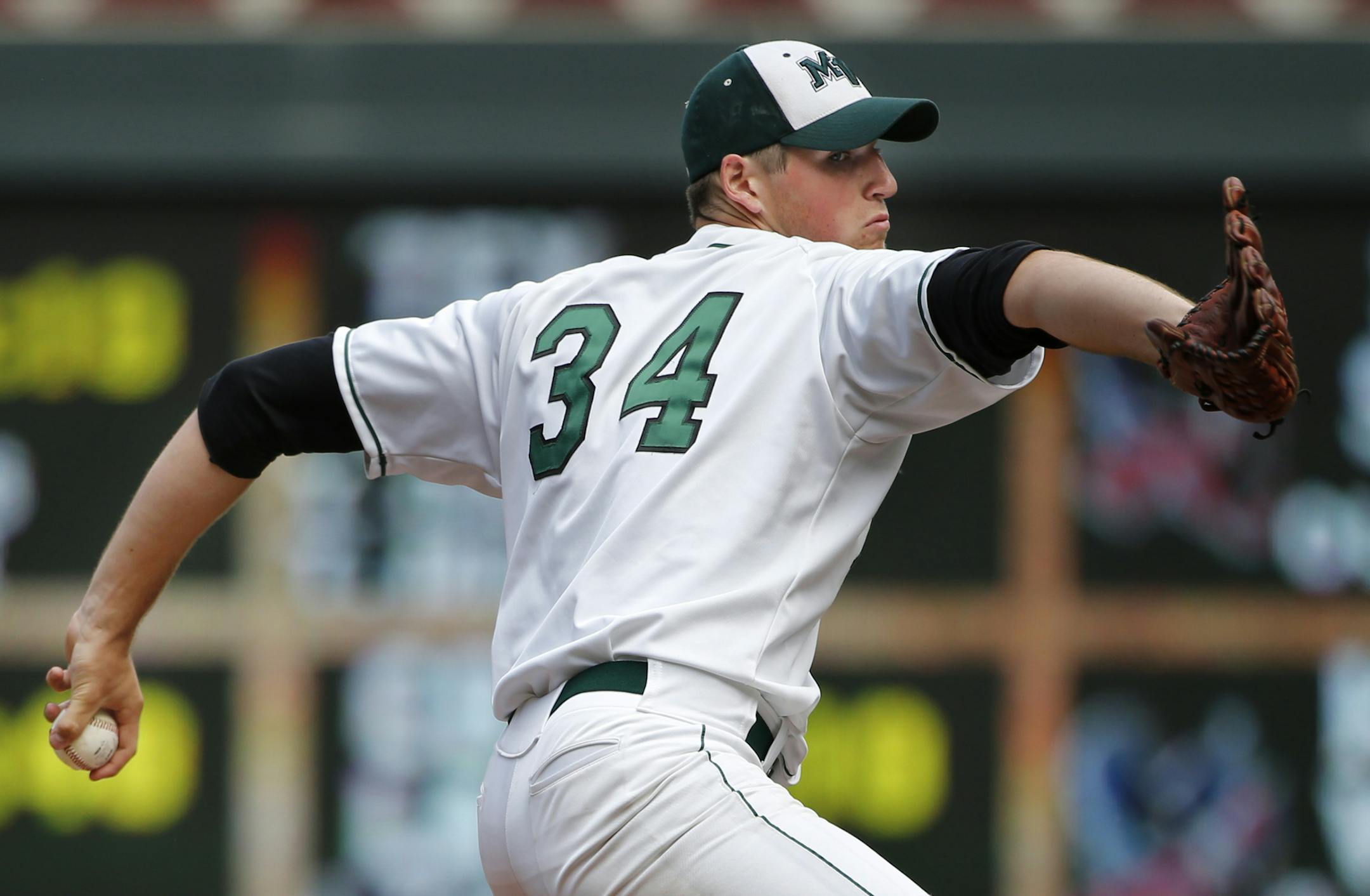 In the 3A championship game between Eden Prairie an Mounds View at Target Field on June 17, 2014, Mounds View pitcher Sam Hentges pitched a complete game shutout .]richard.tsong-taatarii/rtsong-taatarii@startribune.com