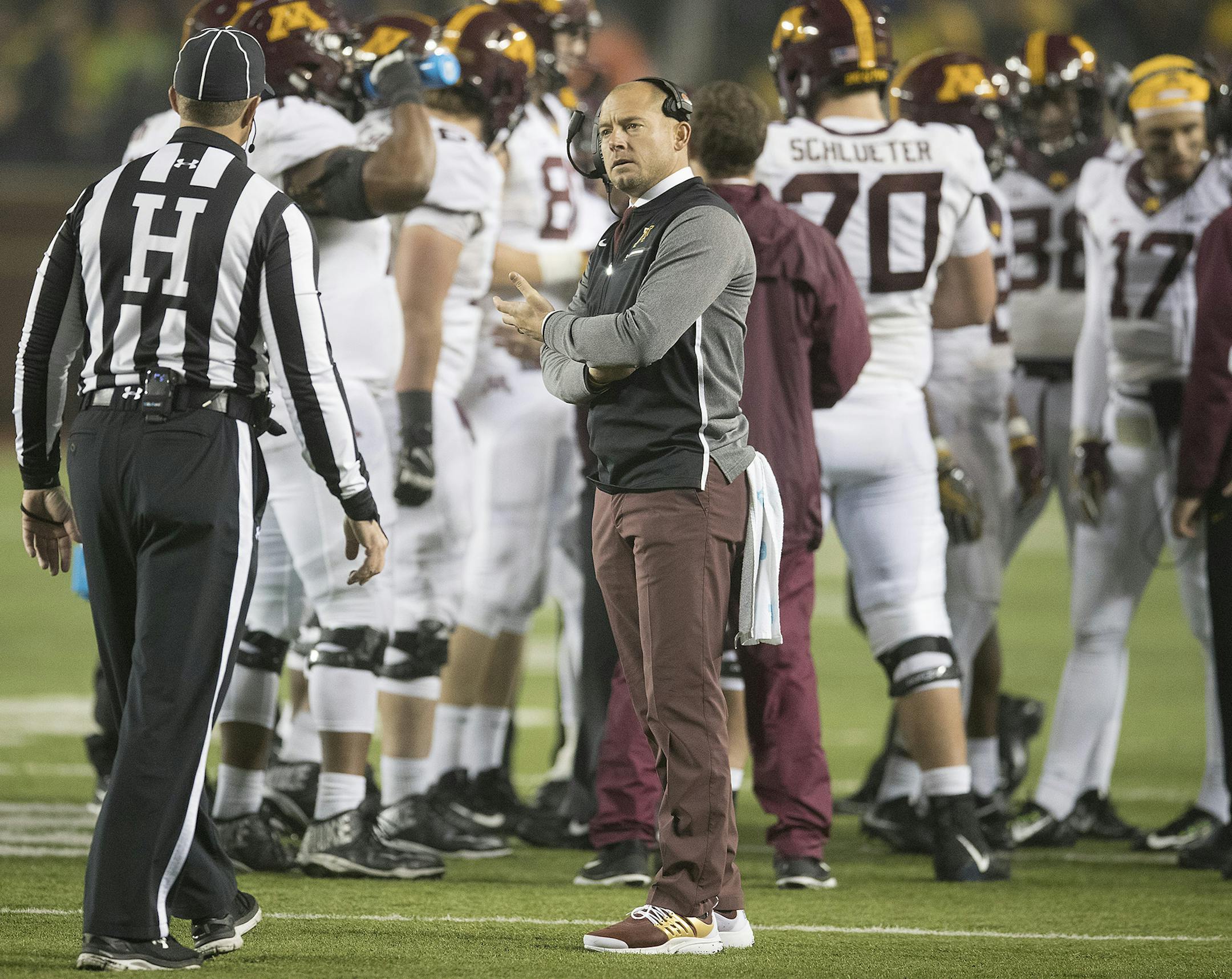 Minnesota's Head Coach P. J. Fleck exchanged words with a referee while a play was being reviewed during the fourth quarter the Gophers took on Michigan in Michigan Stadium, Saturday, November 4, 2017 in Ann Arbor, MI. ] ELIZABETH FLORES ï liz.flores@startribune.com