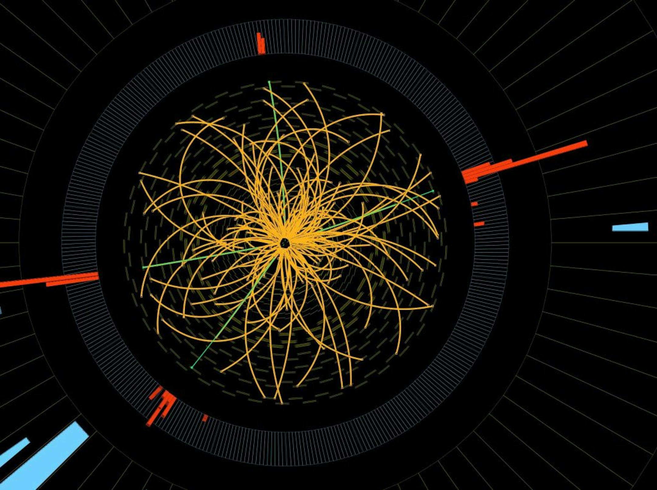 This 2011 image provide by CERN, shows a real CMS proton-proton collision in which 4 high energy electrons (green lines and red towers) are observed in a 2011 event. The event shows characteristics expected from the decay of a Higgs boson but is also consistent with background Standard Model physics processes. To cheers and standing ovations, scientists at the world's biggest atom smasher claimed the discovery of a new subatomic particle Wednesday July 4, 2012, calling it "consistent" with the l
