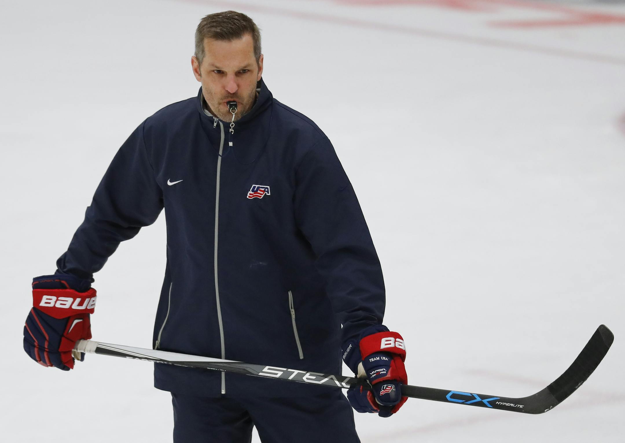 United States coach Robb Stauber skates during practice in preparation for the IIHF Women's World Championship hockey tournament, Thursday, March 30, 2017, in Plymouth, Mich. (AP Photo/Paul Sancya) ORG XMIT: MIPS103