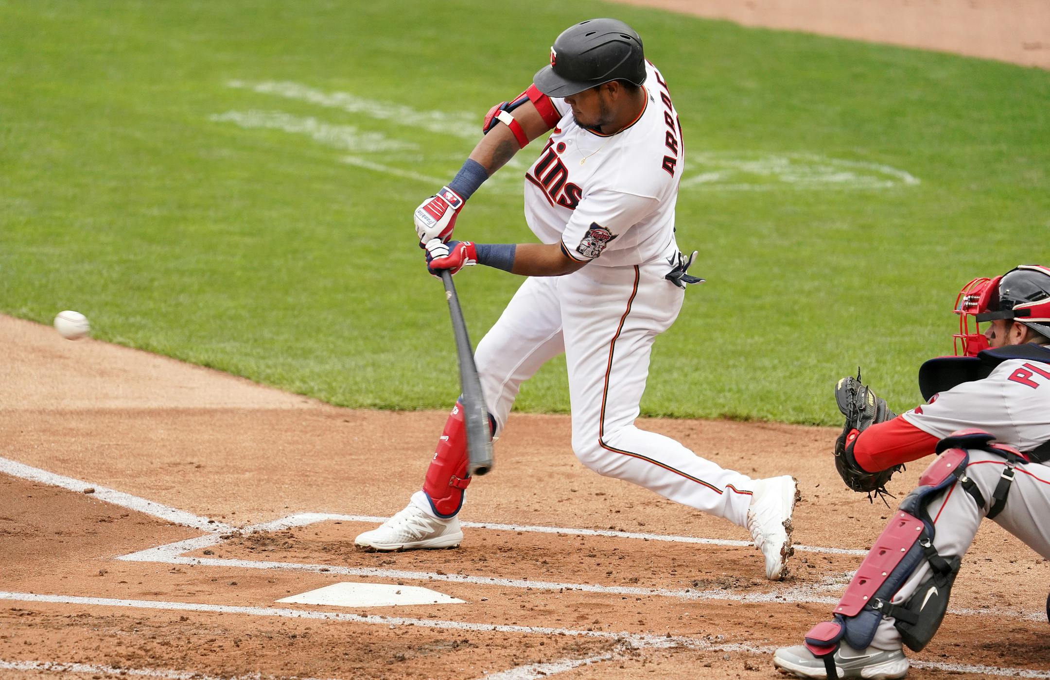 Minnesota Twins second baseman Luis Arraez (2) connected with the ball in the first inning.