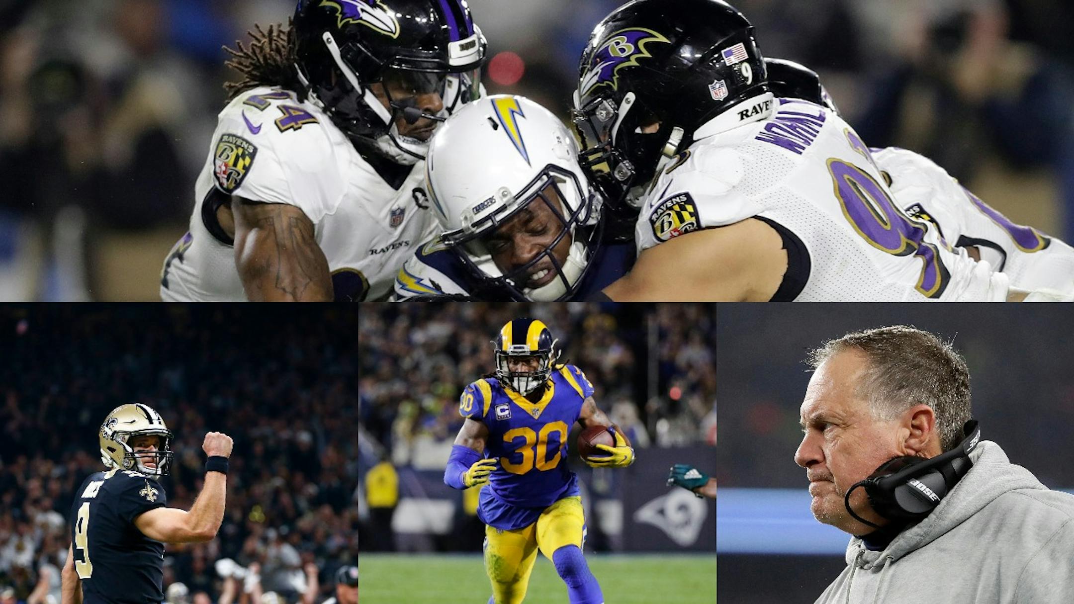 The Ravens (top) would be the nastiest underdog no high-flying offensive team wants to tangle with in January. Other higher-seeded teams to be reckoned with included (bottom, from left) Drew Brees and the Saints, Todd Gurley and the Rams, and Bill Belichick and the Patriots.