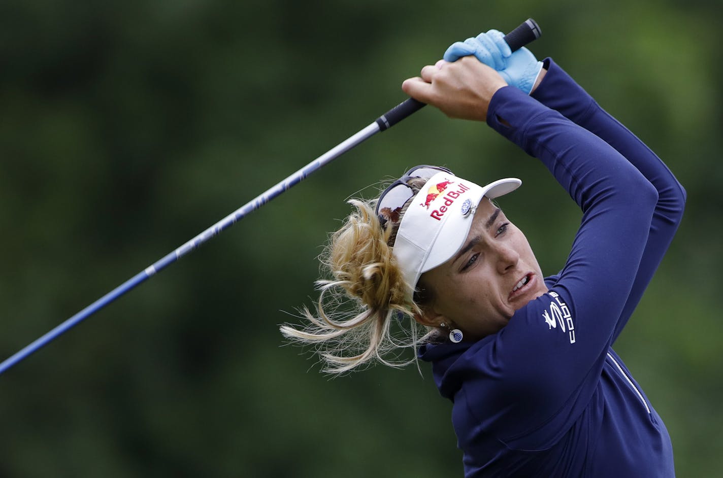 Lexi Thompson watches her tee shot on the 17th hole during the final round of the Meijer LPA Classic golf tournament, Sunday, June 16, 2019, in Grand Rapids, Mich. (AP Photo/Al Goldis)