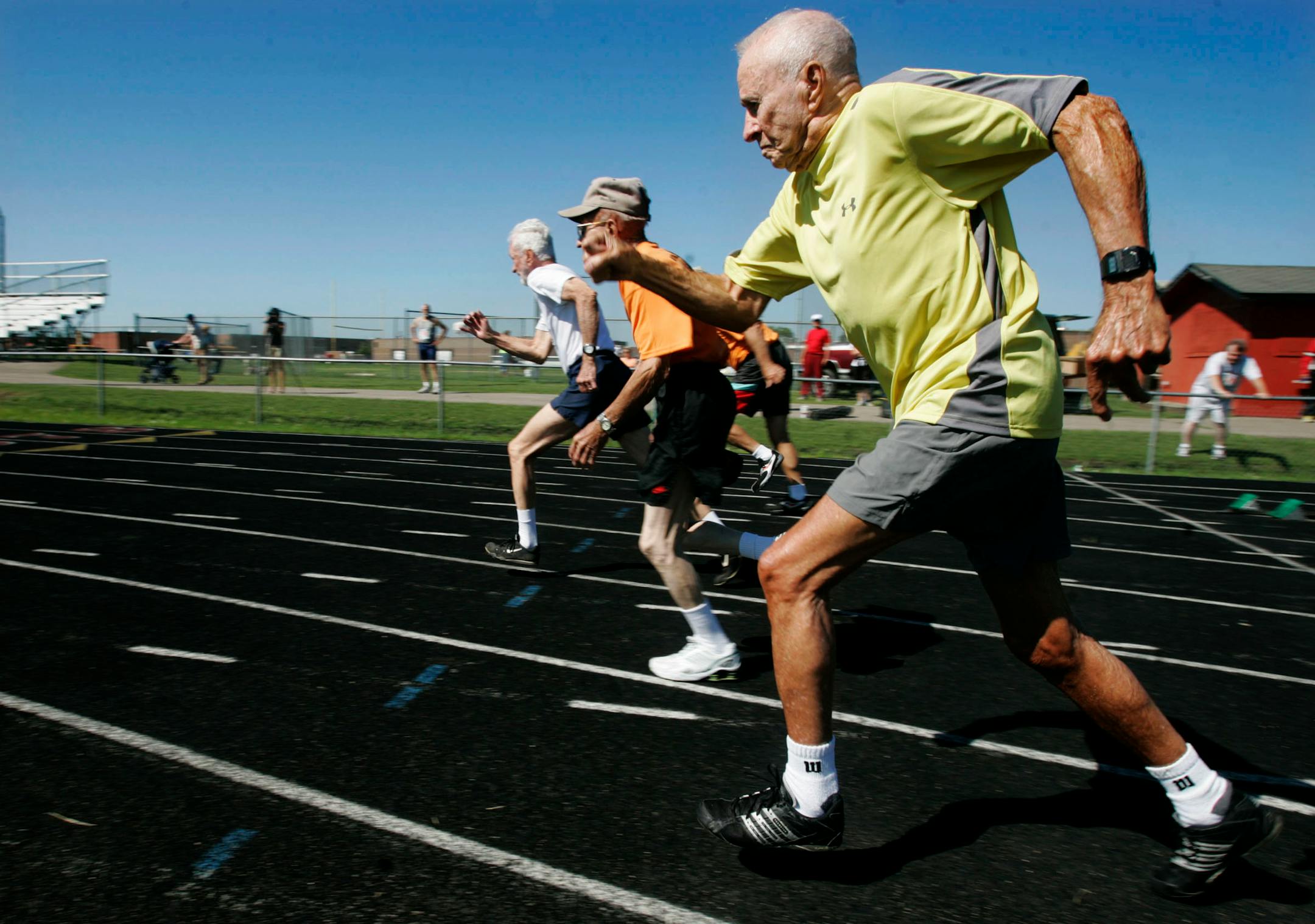 Sprinter Jim Hammond, 94, of Maple Grove, competed in the 100 meter dash during the Senior Olympic Games in Alexandria, Minn., recently. The nearest competitor in age was Harold Bach, 88, of Dickenson, N.D., who ran next to Bach in the middle lane. Hammond ran the 100, 200, 400, 800 and 1500 during the games and won gold medals for his age category in each event.