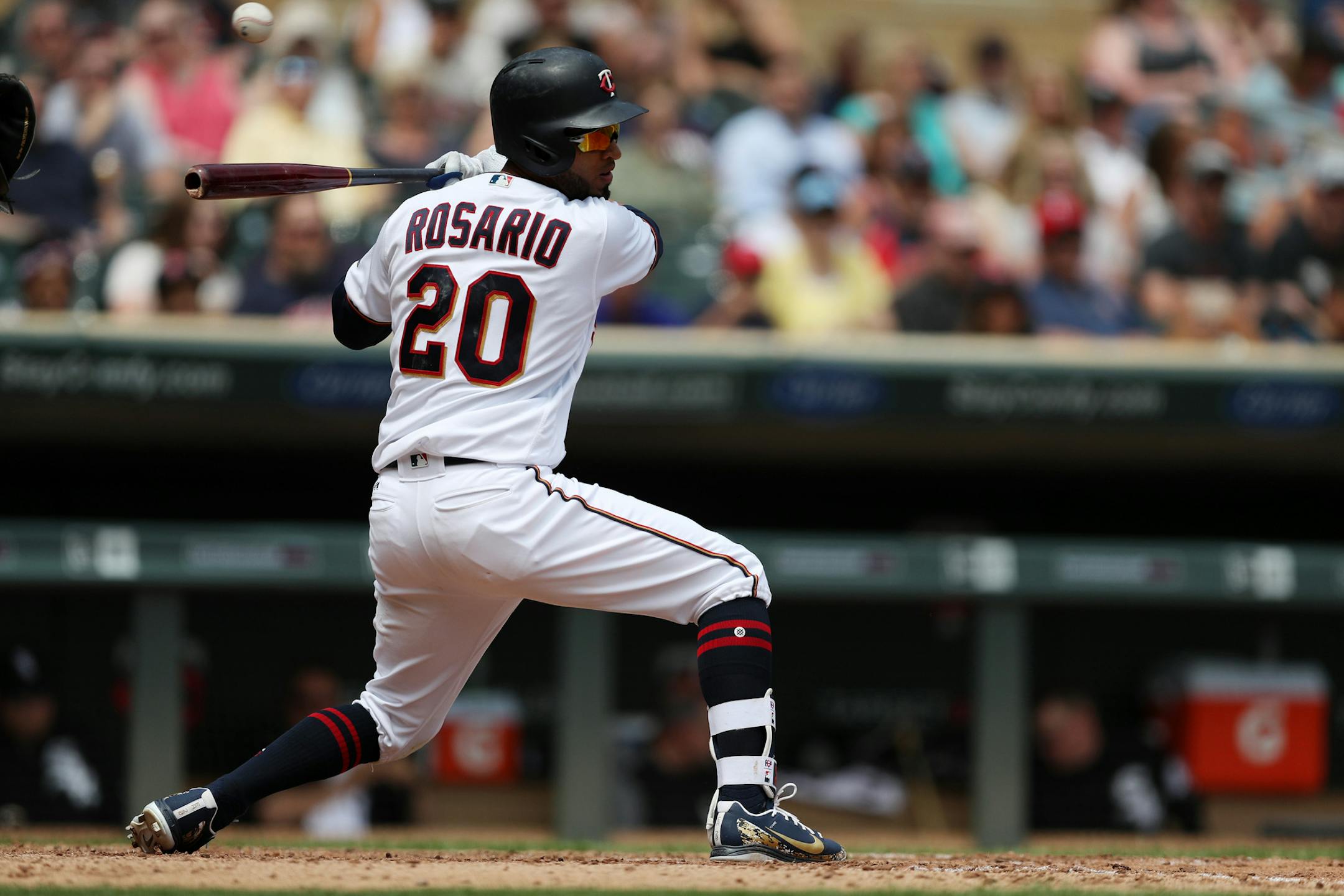 Minnesota Twins left fielder Eddie Rosario (20) dodged an inside pitch in the seventh inning. ] ANTHONY SOUFFLE ï anthony.souffle@startribune.com The Minnesota Twins played the Chicago White Sox in an MLB game Thursday, June 7, 2018 at Target Field in Minneapolis.