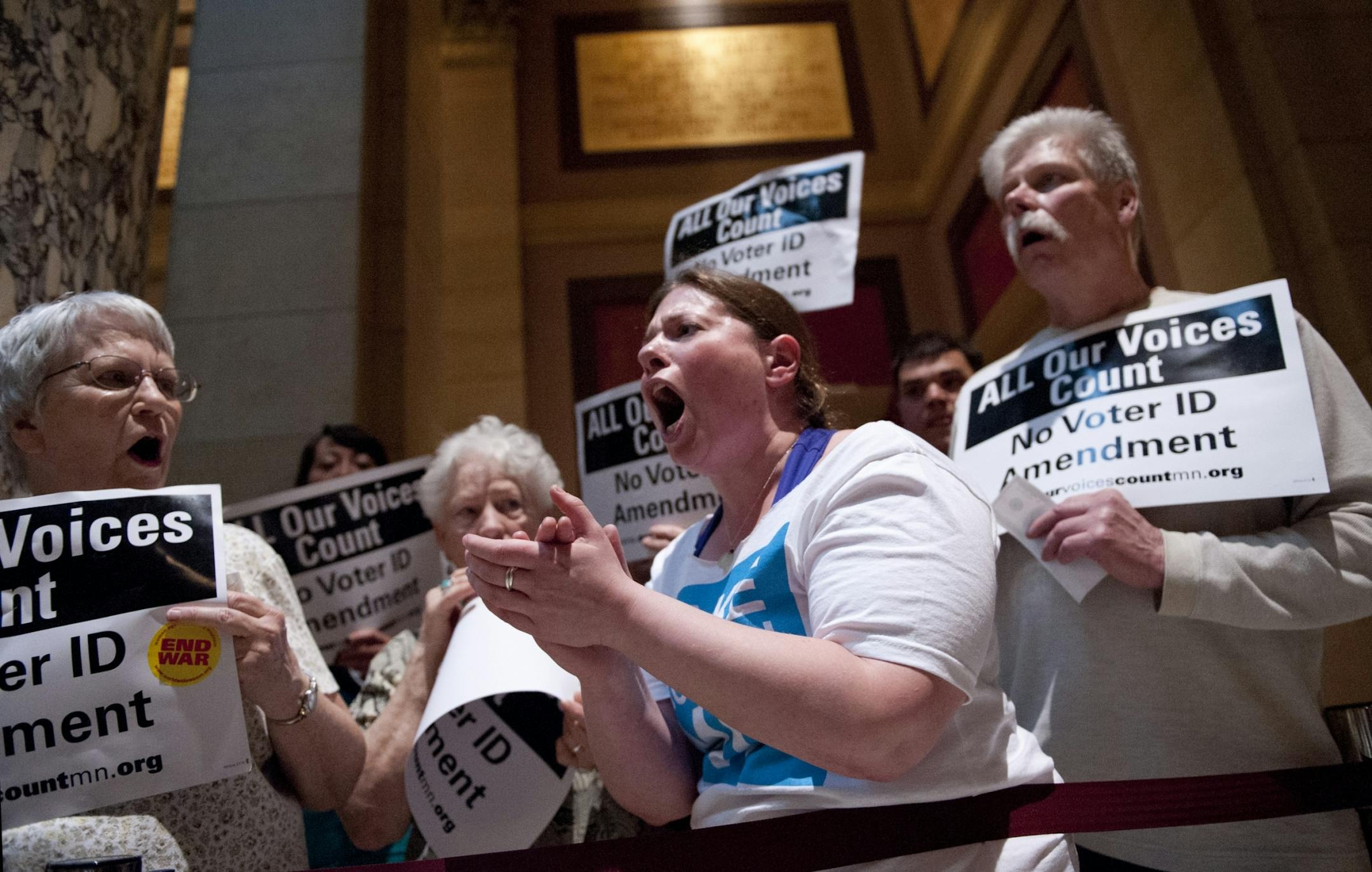 Demonstrators chanted vote no, vote no about the voter ID bill which the Senate was scheduled to vote on today, Thursday, March 22, 2012.