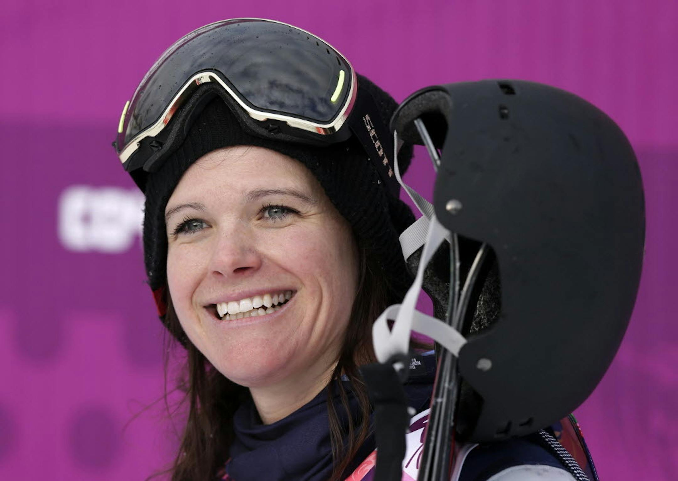 Keri Herman of the United States waits for her score after a run in the women's freestyle skiing slope style qualifying at the Rosa Khutor Extreme Park at the 2014 Winter Olympics, Tuesday, Feb. 11, 2014, in Krasnaya Polyana, Russia.