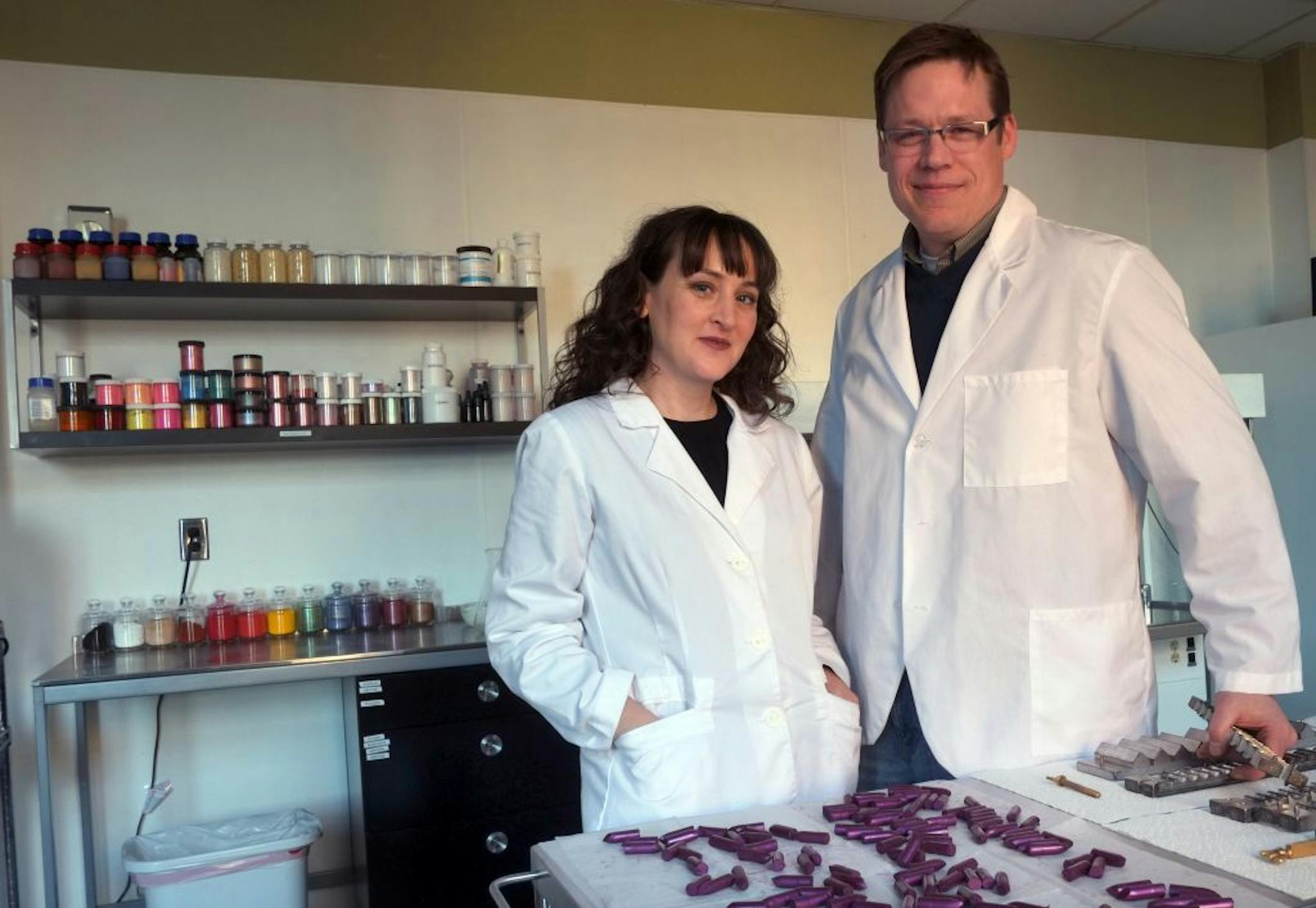 Karoline Wells with her husband, Michael Wells, who lends a hand at the lab when needed. Her products are vegan and cruelty-free. "We do our own ingredient sourcing," she said.