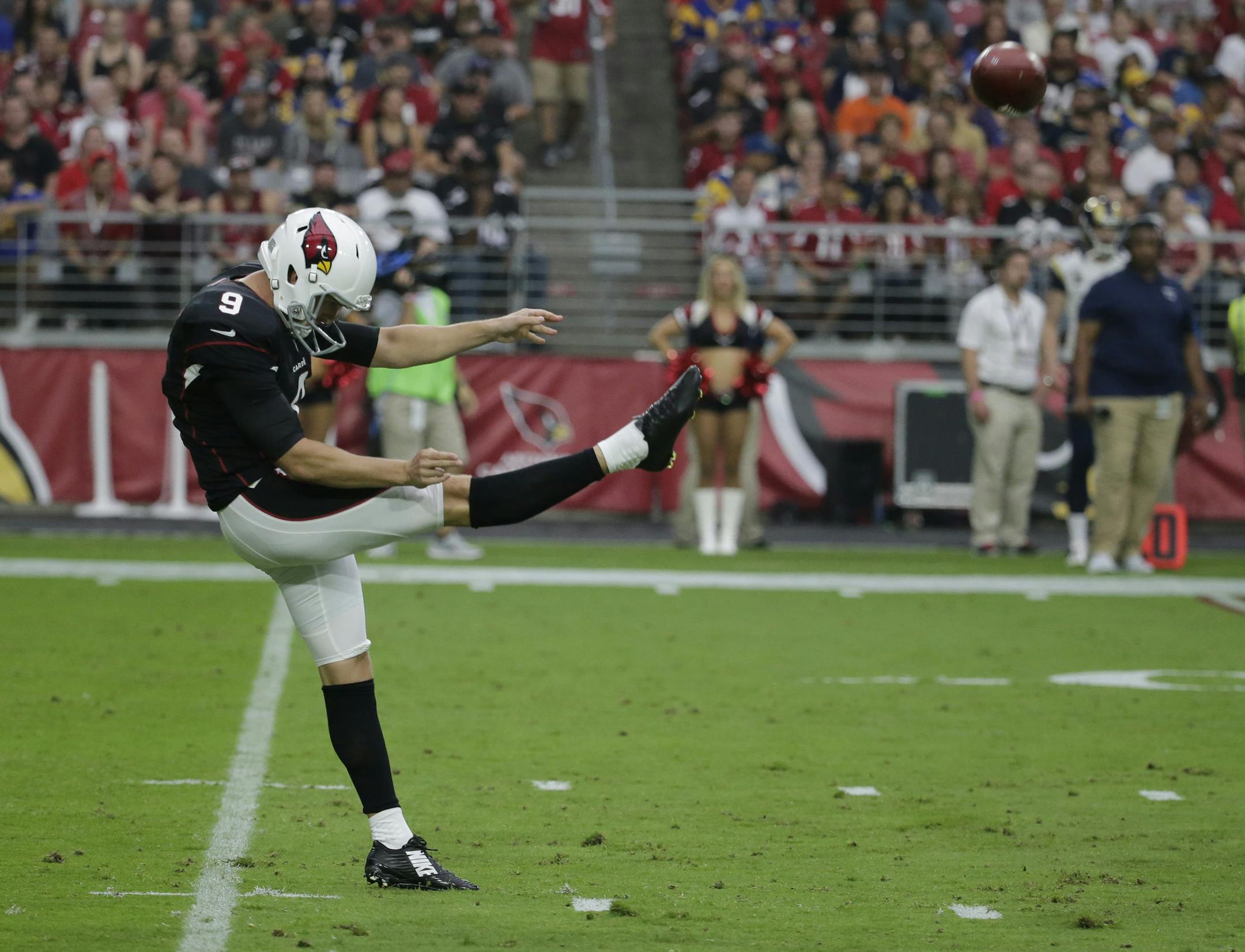 Arizona Cardinals punter Ryan Quigley (9) an NFL football game against the Los Angeles Rams, Sunday, Oct. 2, 2016, in Glendale, Ariz. (AP Photo/Rick Scuteri) ORG XMIT: AZMY