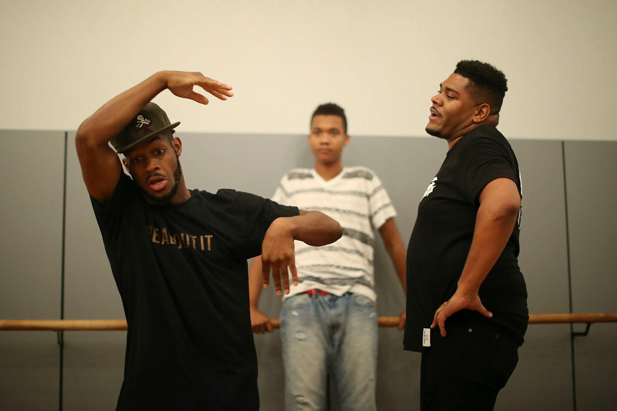 Herbert "Jus Herb" Johnson, left, showed Robert "Mosi" King some Krump moves during the jam session. ] JEFF WHEELER ï jeff.wheeler@startribune.com Members of various hip-hop dance companies gather for informal jam sessions regularly. Tuesday night, October 18, 2016 dancers converged at the Straightline Dance Fitness studio in Northeast Minneapolis.