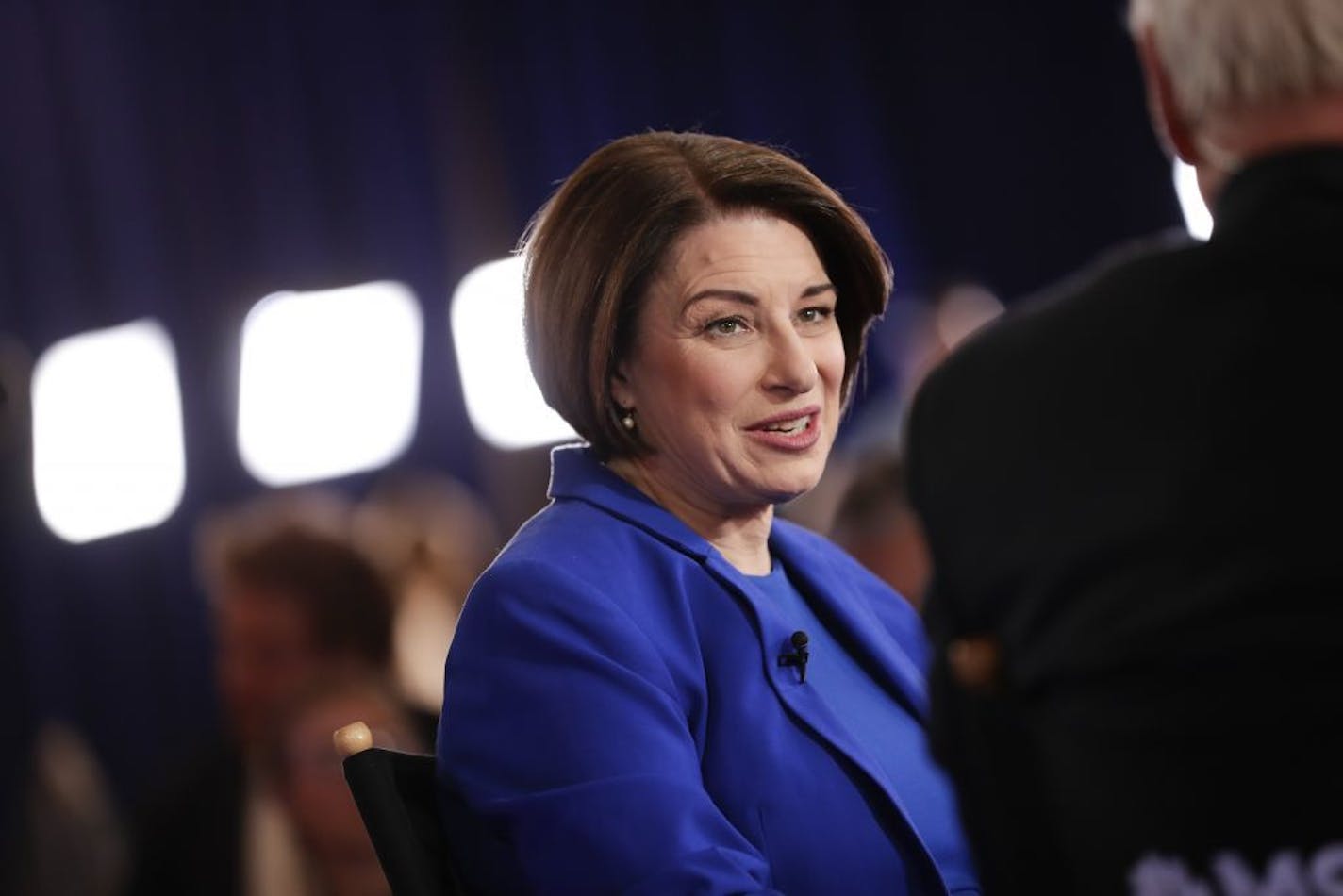 Democratic presidential candidate, Sen. Amy Klobuchar, D-Minn., is interviewed in the spin room after a Democratic presidential primary debate Wednesday, Feb. 19, 2020, in Las Vegas, hosted by NBC News and MSNBC.